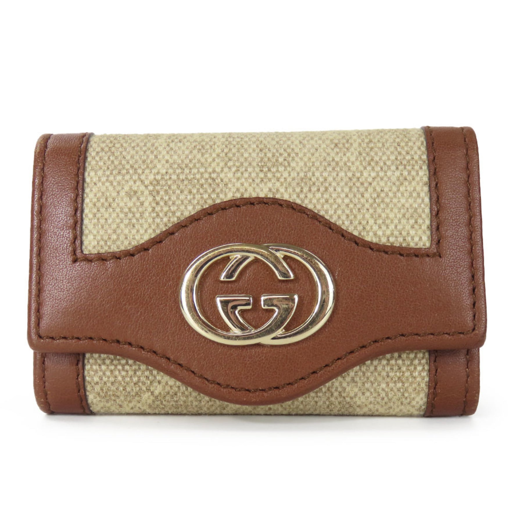Gucci Key Case Interlocking GG Canvas Calf Beige Brown Accessories