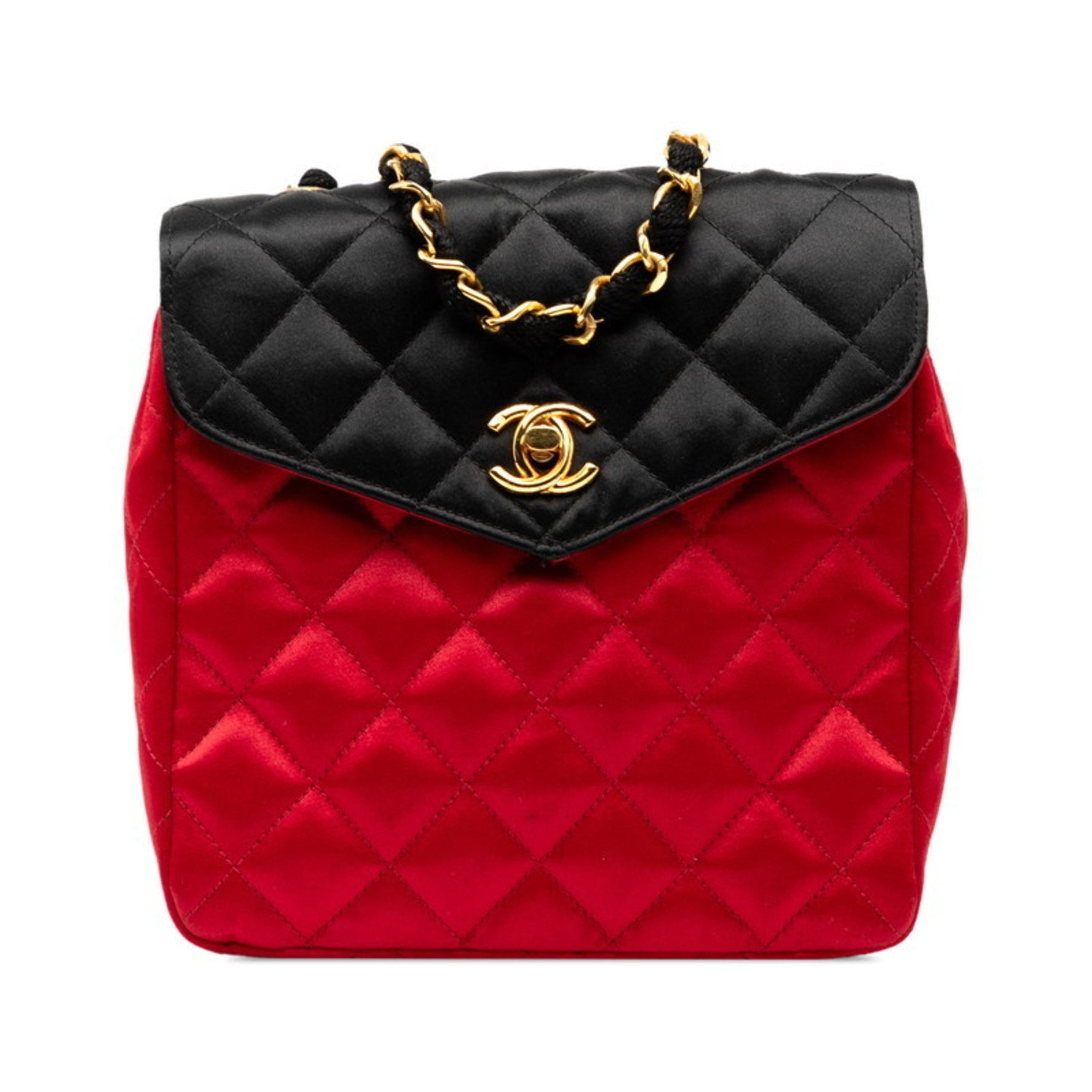 CHANEL Matelasse Coco Mark Chain Shoulder Bag in Red and Black Silk Satin