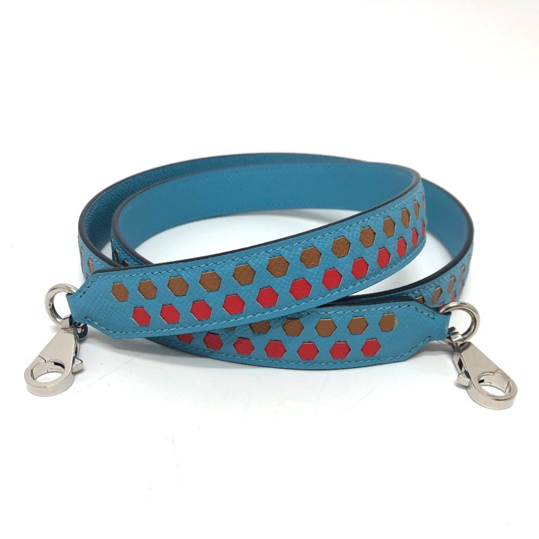 HERMES Bandouliere Traces de Cuir Hexagon Shoulder Strap, Epsom Leather, du Nord/Rouge Coeur/Gold