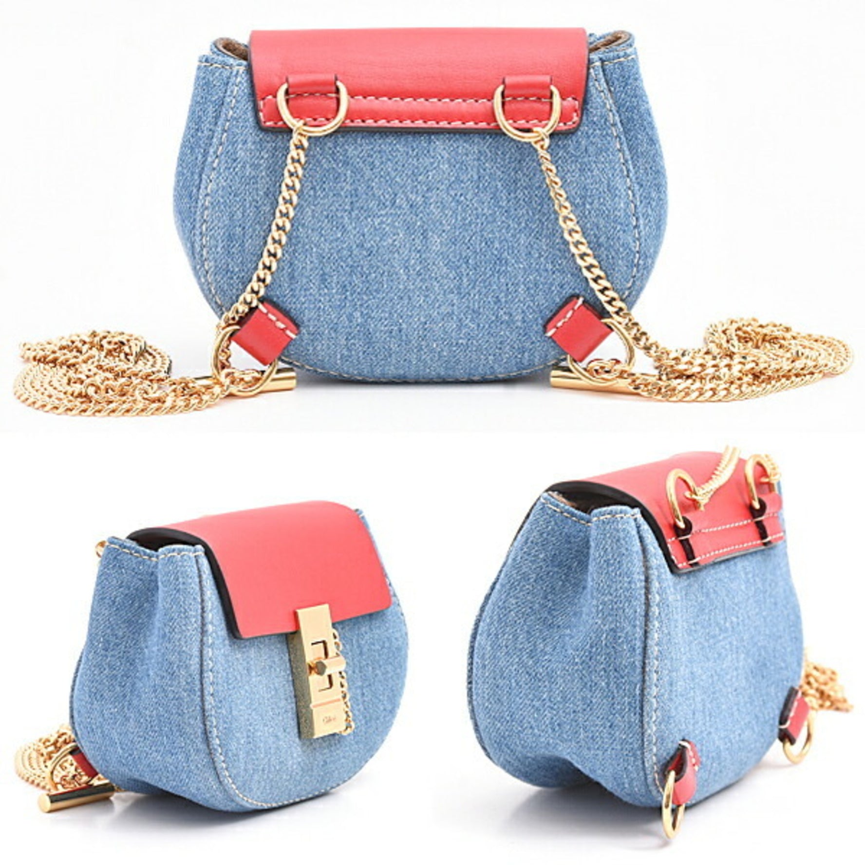 Chloé Chloe Drew Mini Crossbody Backpack in Denim and Calfskin, Red