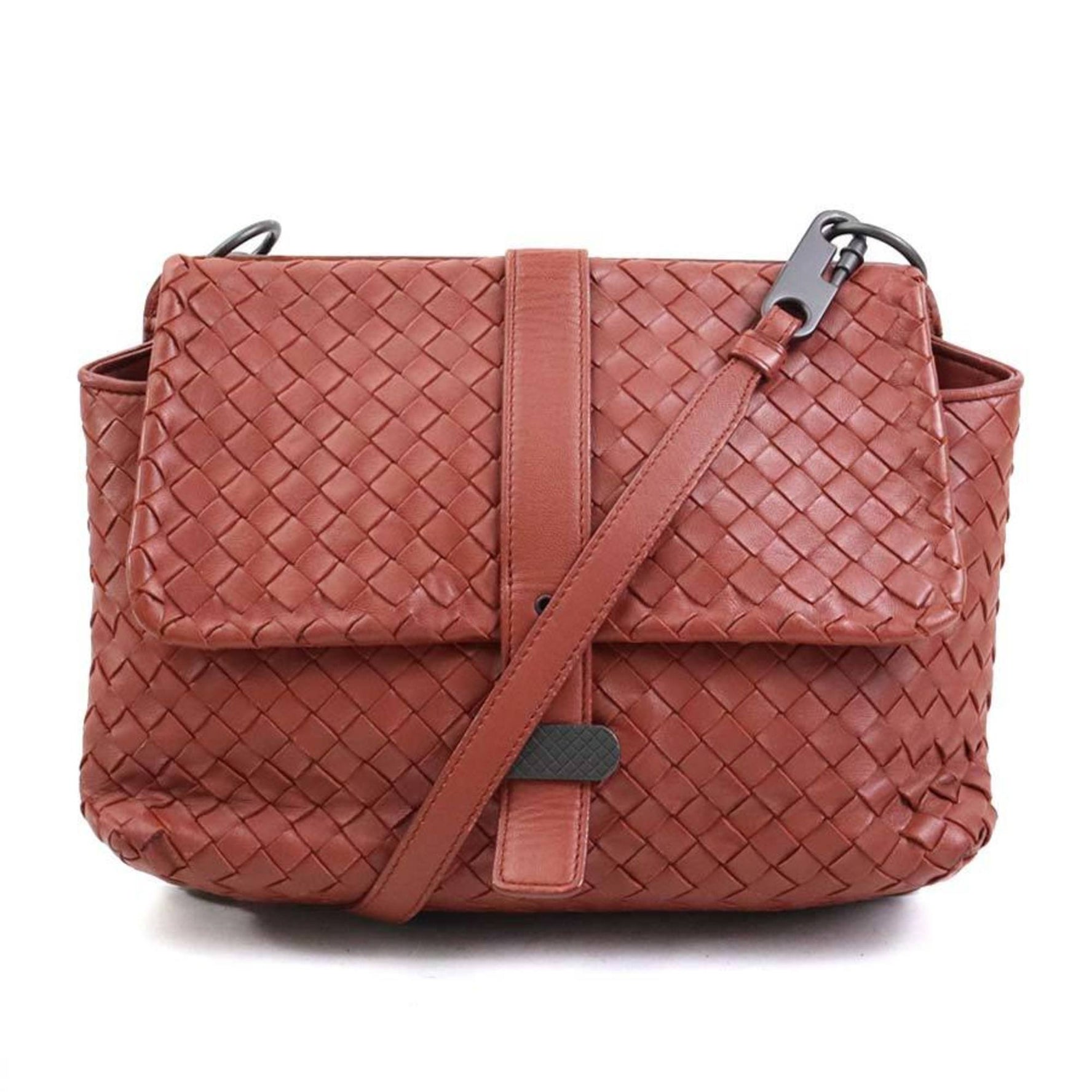 Bottega Veneta Intrecciato Leather Shoulder Bag in Red Brown
