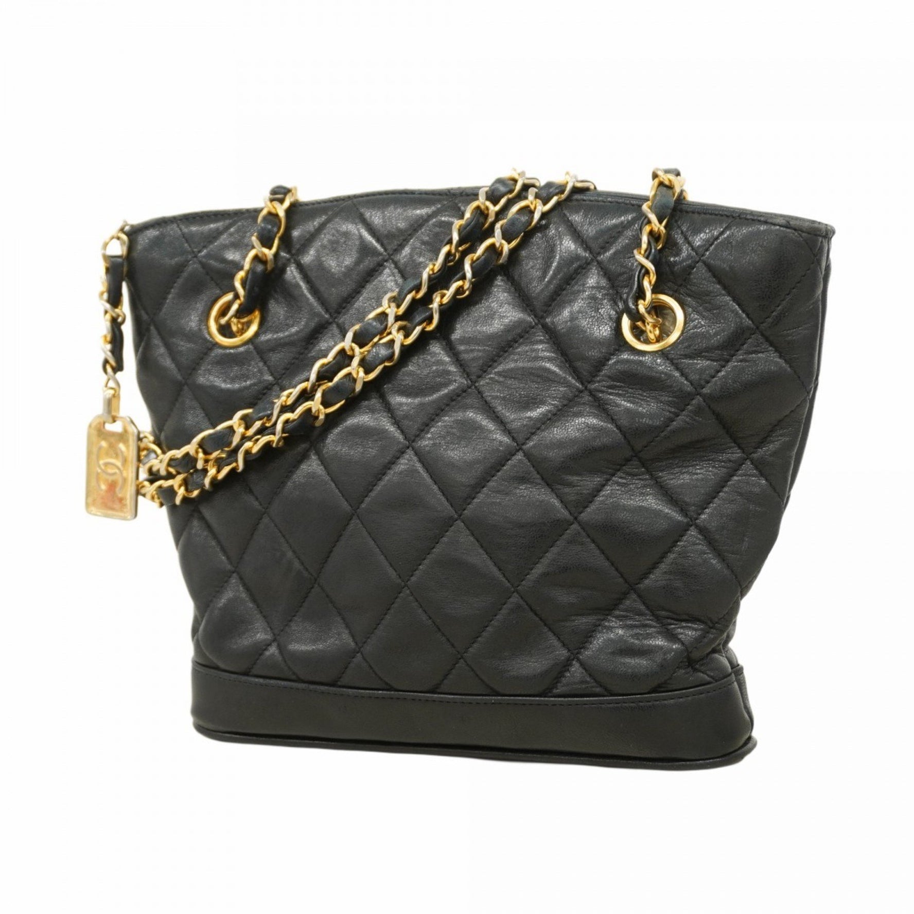 Chanel Matelasse Shoulder Bag with Chain Bag, Lambskin, Black, Women's