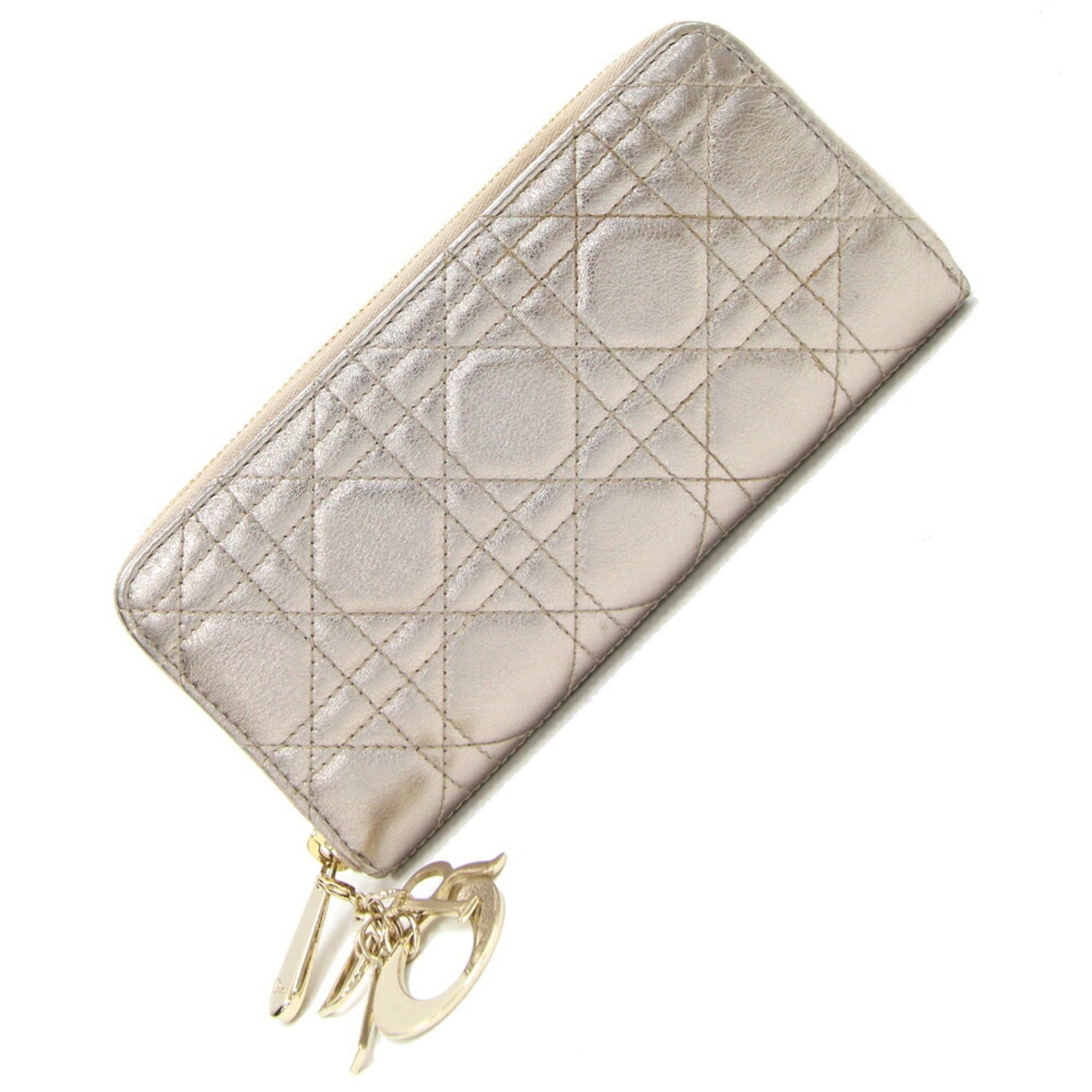 Christian Dior Dior Round Long Wallet Lady Champagne Gold Leather Zip DIOR