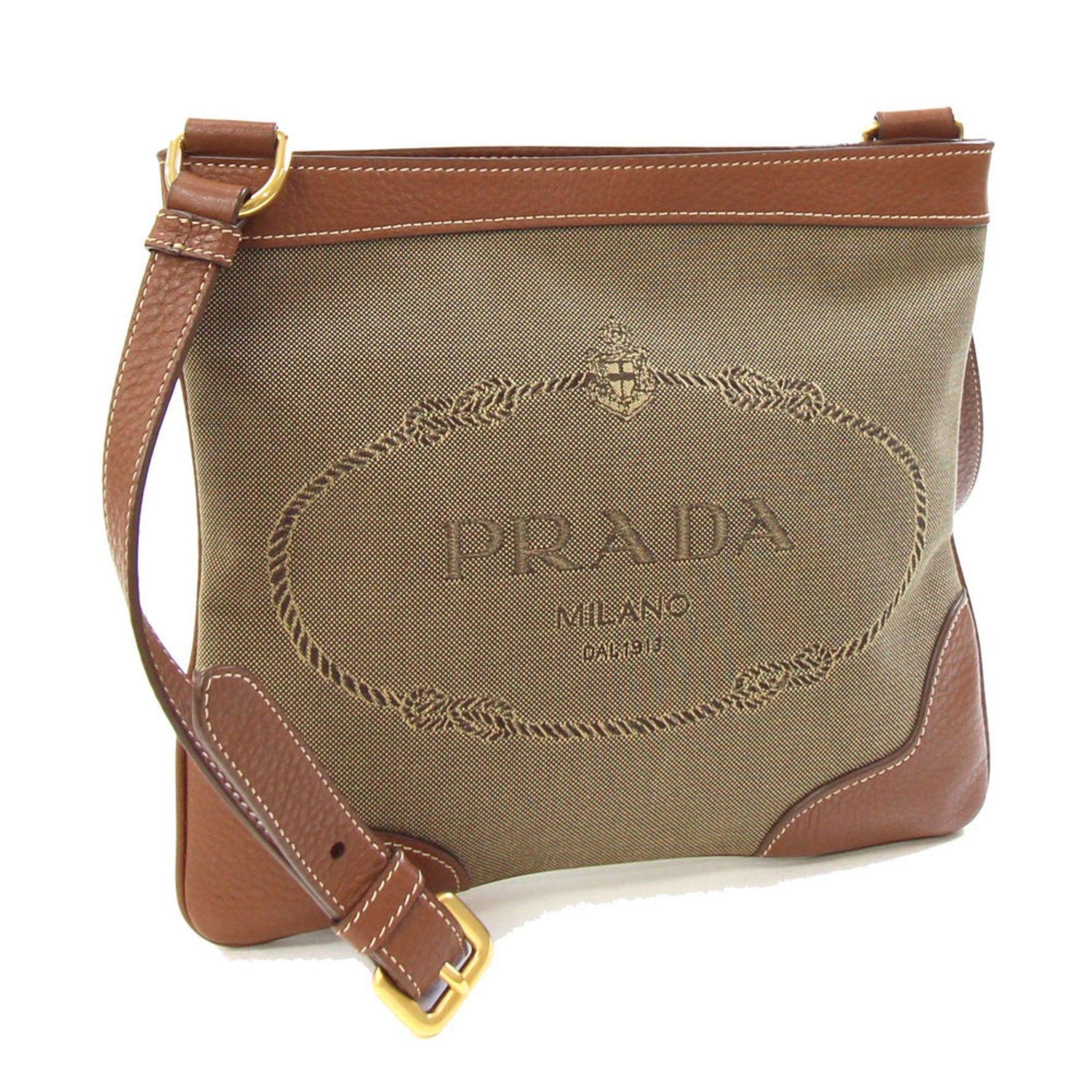 Prada Shoulder Bag Beige Brown Jacquard Canvas Leather Crossbody Flat