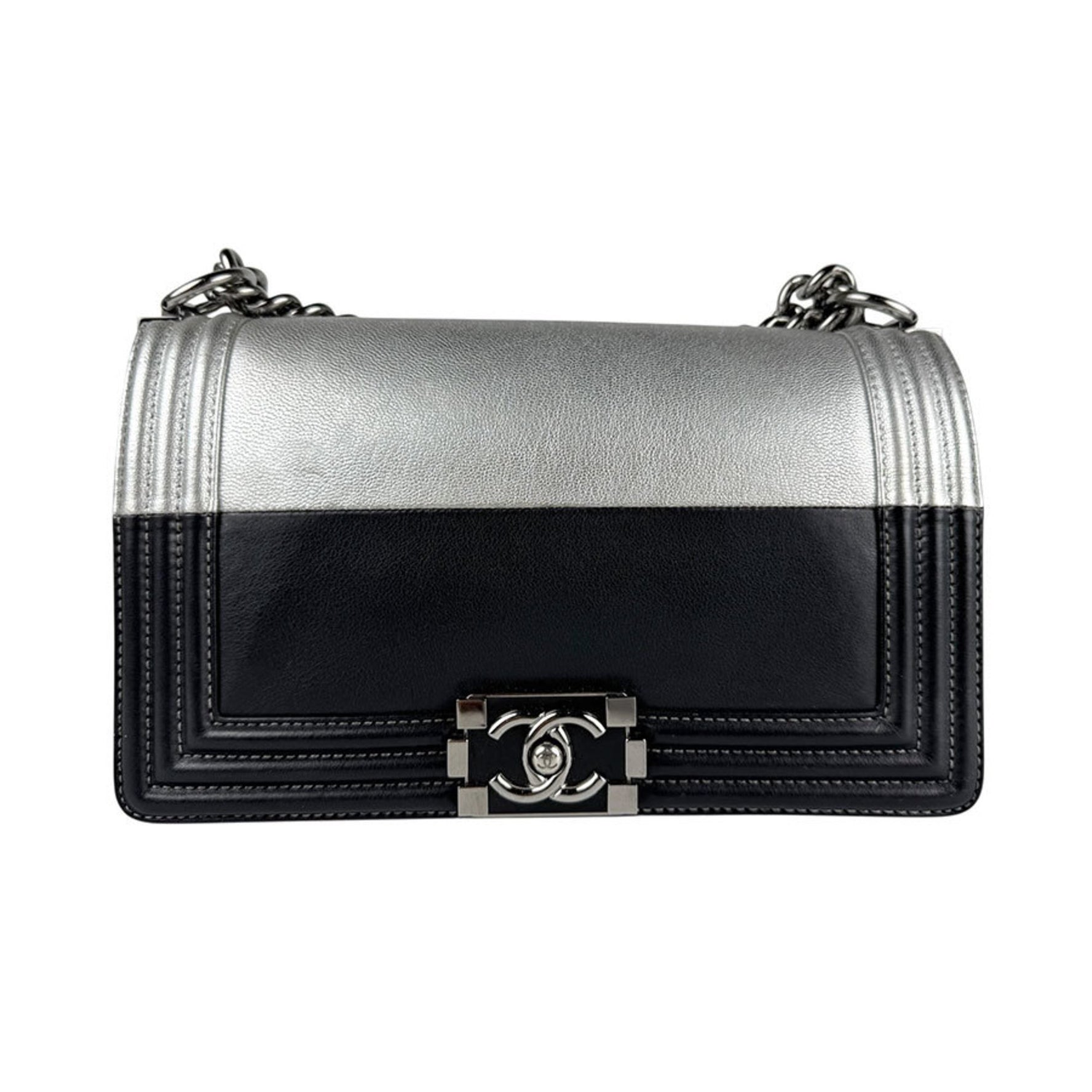 CHANEL Boy Shoulder Bag, Leather, Black and Silver