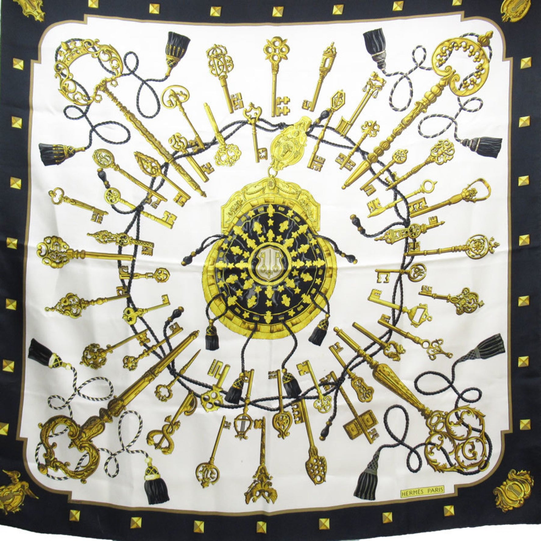 Hermes Scarf/Muffler Carre 90 LES CLES Key Silk Black x White Gold Women's t19171a