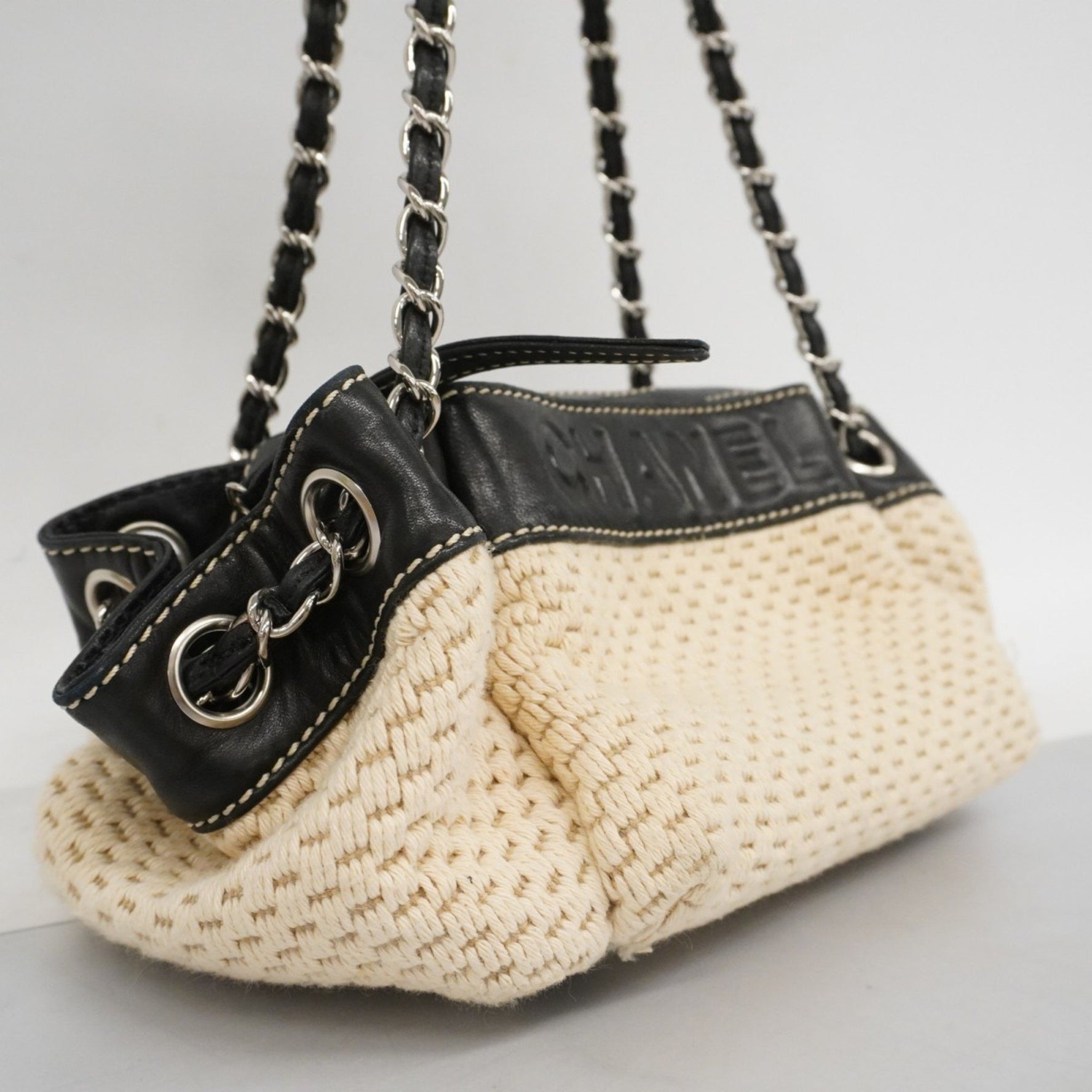 Chanel Shoulder Bag Chain Canvas Beige Black