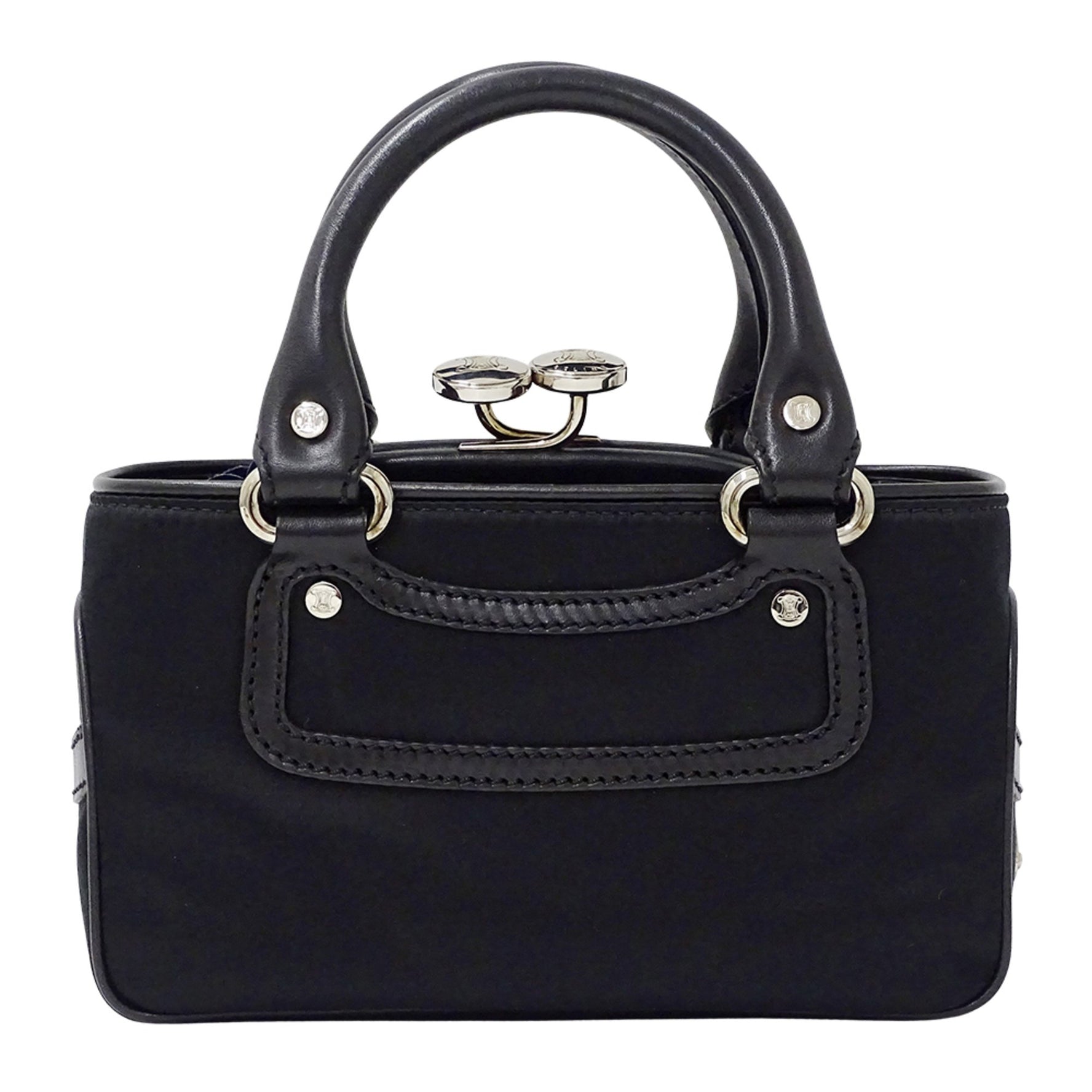 Celine Mini Boogie Bag, a designer handbag in satin and leather with clasp pouch.