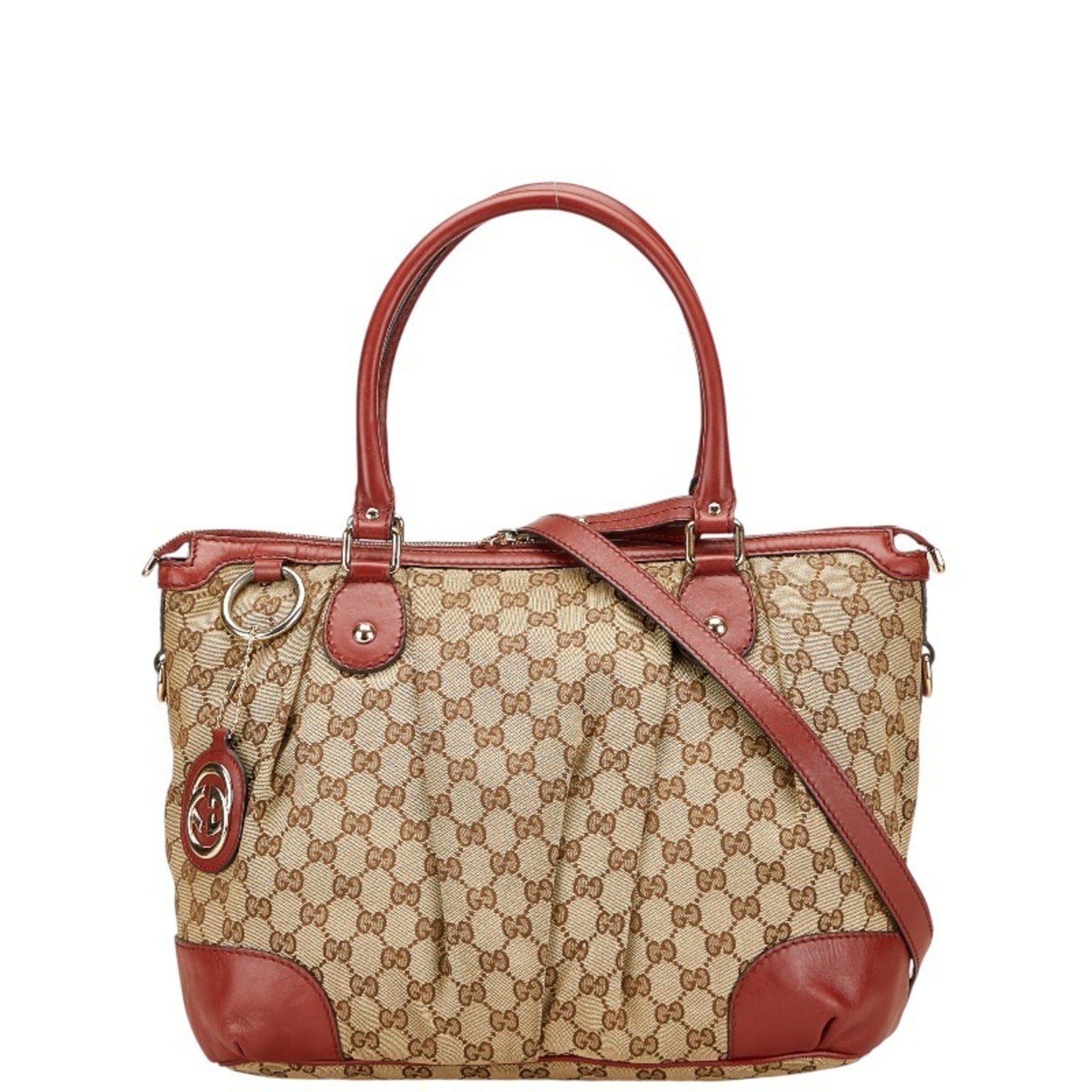 Gucci GG Canvas Diamante Tote Bag/Shoulder Bag Beige/Red Leather