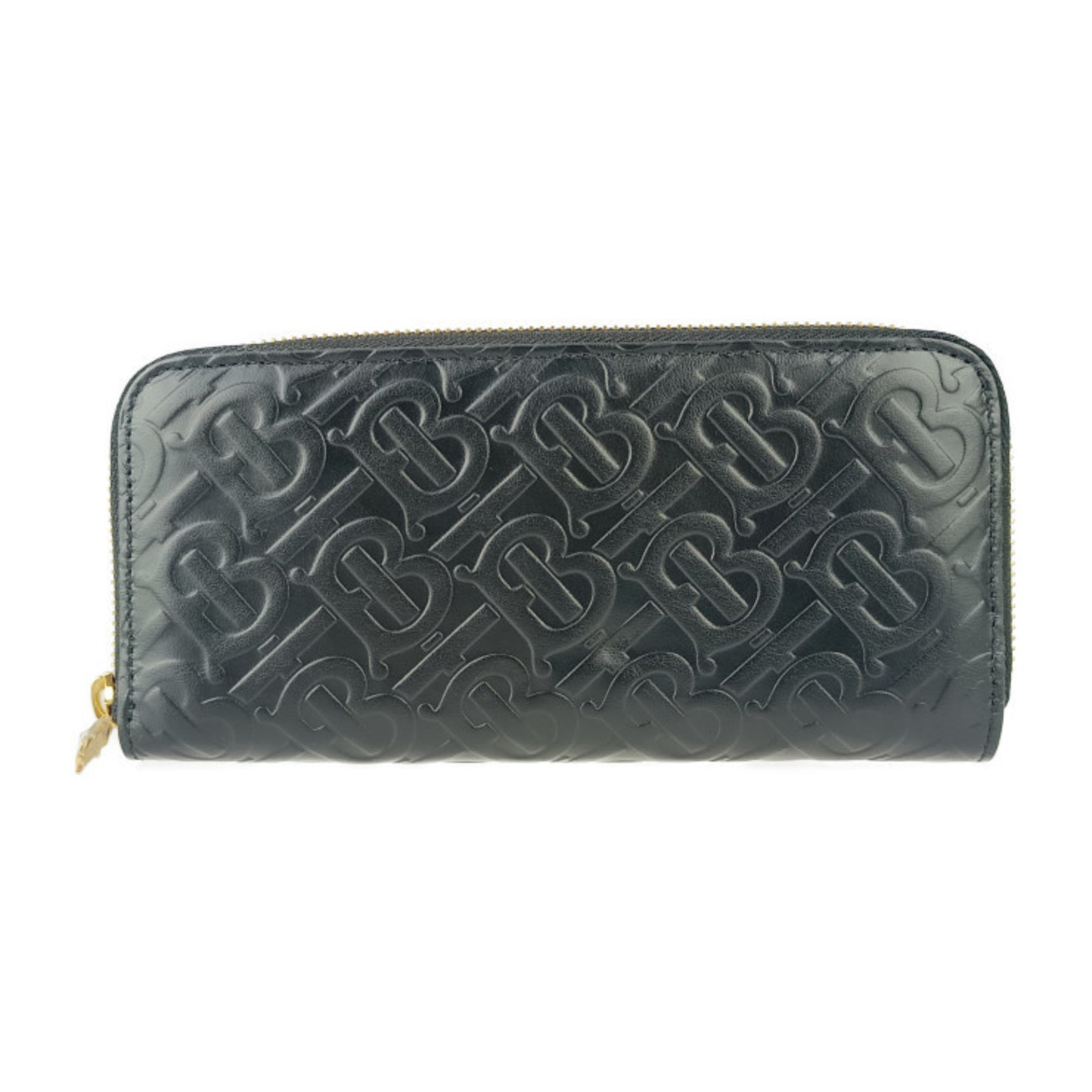 BURBERRY Burberry Long Wallet Zip TB Monogram Black Embossed Leather Women's Round