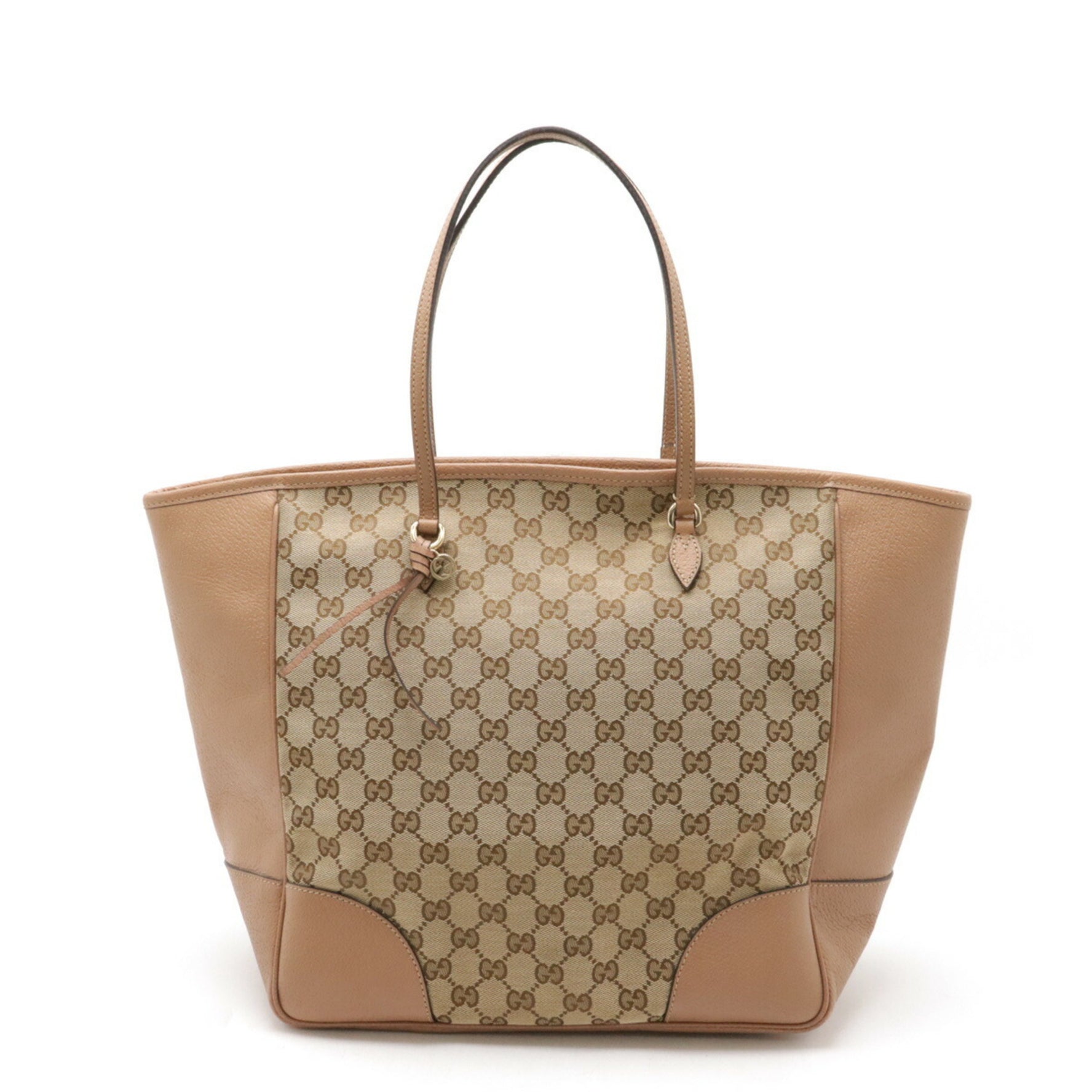 GUCCI GG Canvas Tote Bag Shoulder Leather Khaki Beige