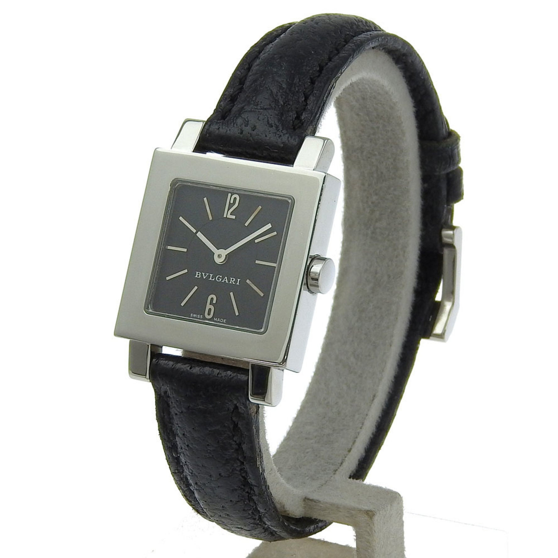 BVLGARI Quadrado Watch, Stainless Steel and Leather, Quartz Movement, Analog Display, Black Dial