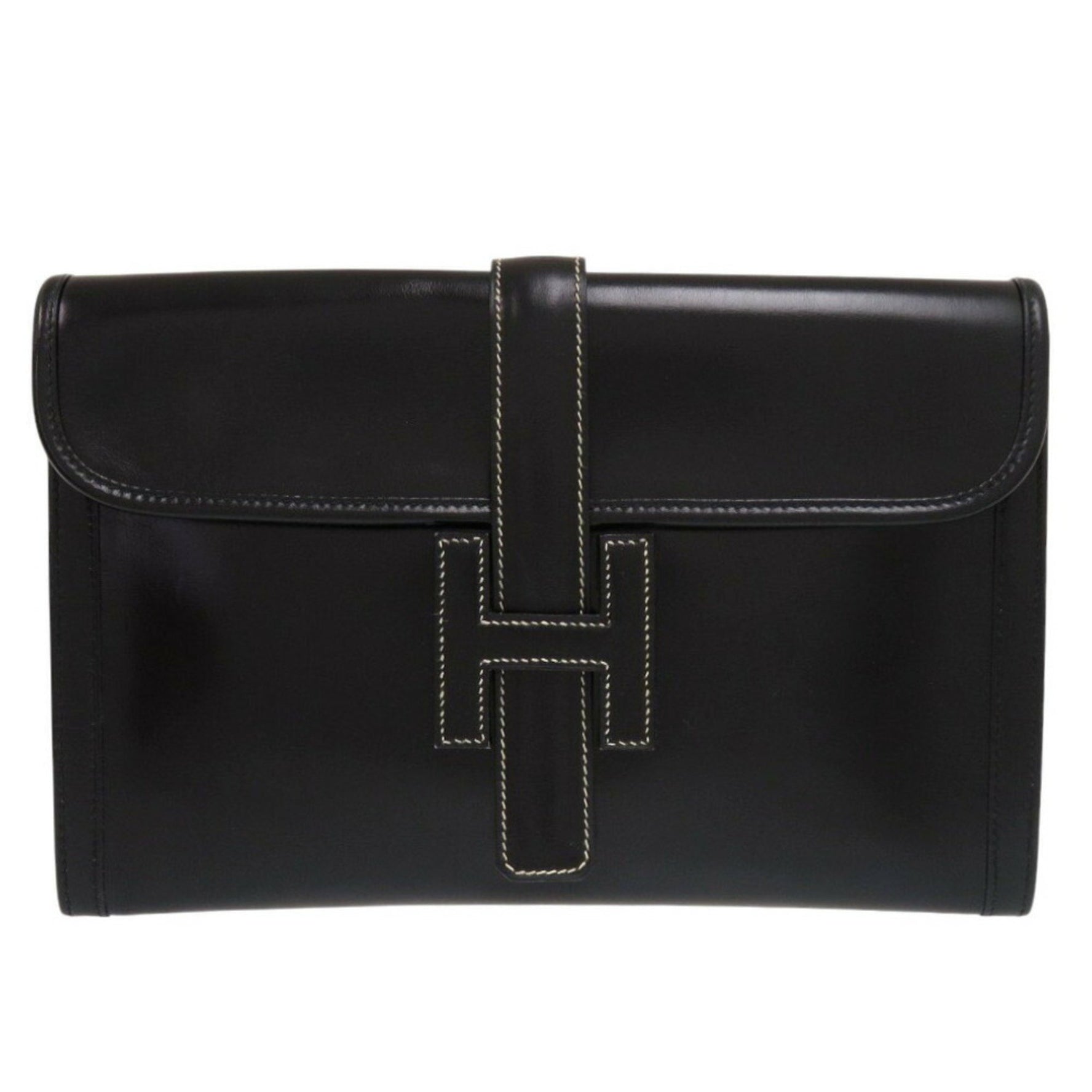 Hermès Jige PM clutch bag in black box calf leather with white stitching and a "Q" stamp (1987) - 1193HERMES