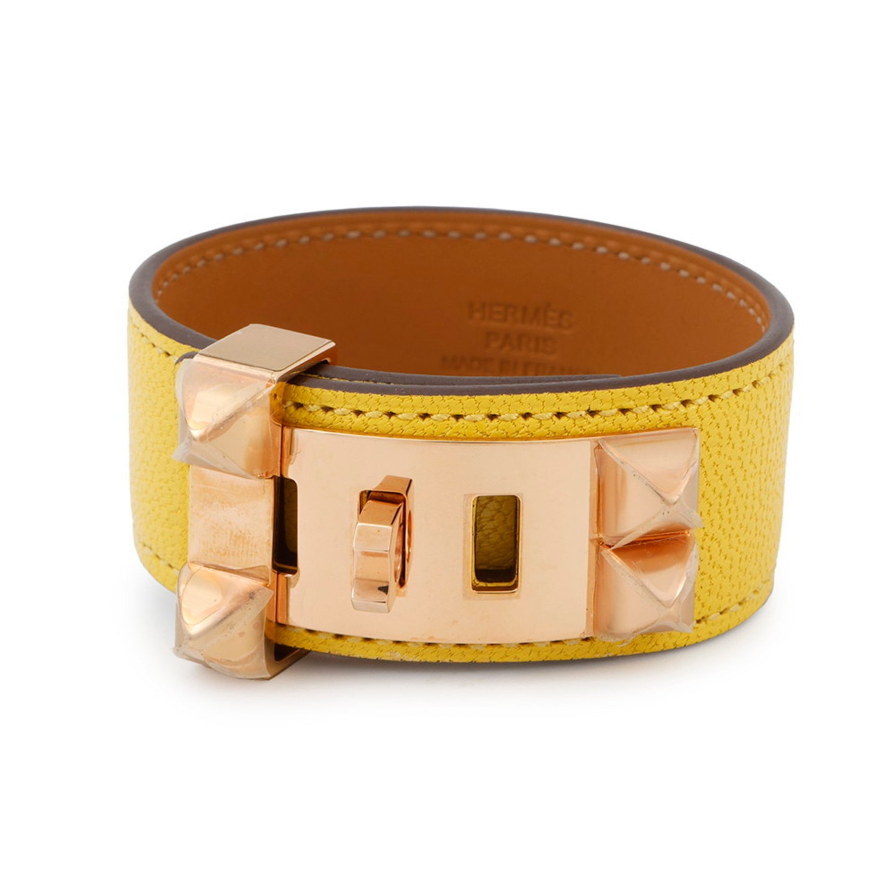 Hermes Hermès Collier de Chien Bracelet, 24 Jaunes-Naples, Pink Leather, B Stamp, Size T2
