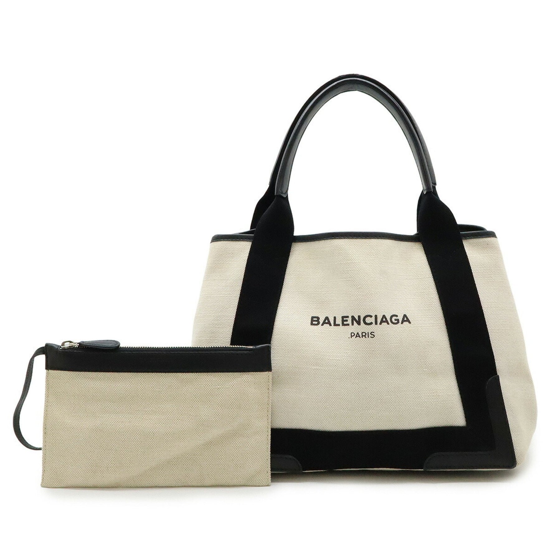 BALENCIAGA Navy Cabas S Tote Bag Handbag Canvas Leather Natural Black