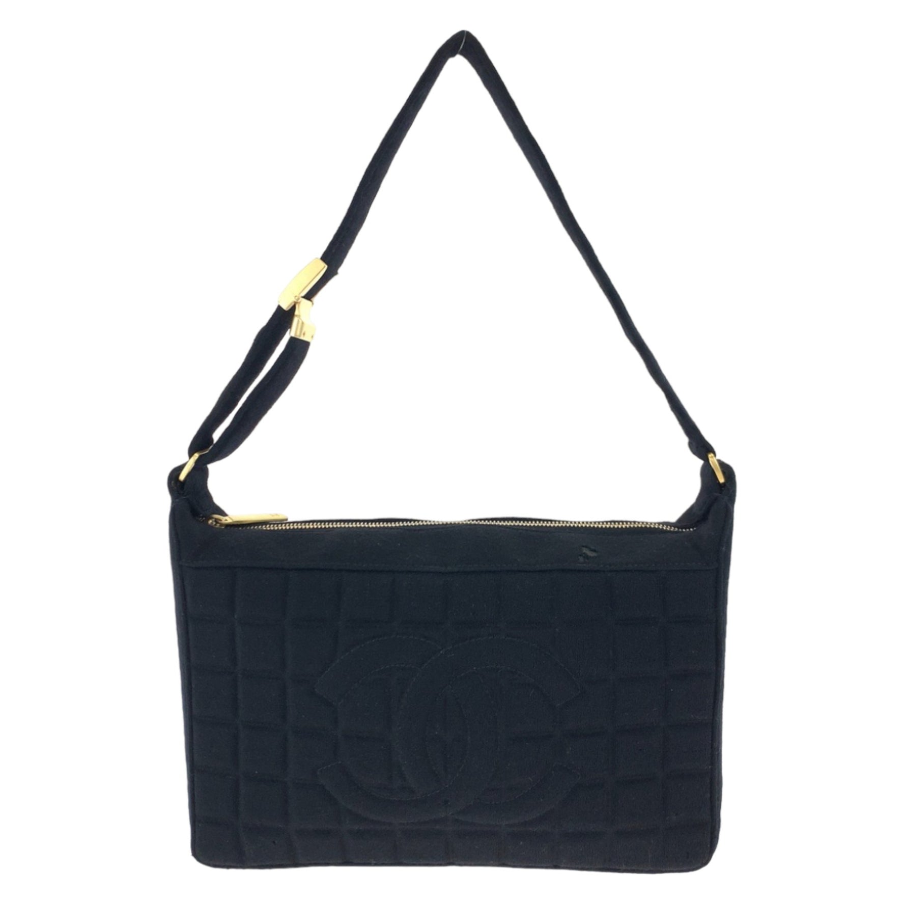 CHANEL Vintage Chocolate Bar Coco Mark Canvas Shoulder Bag with Gold Hardware