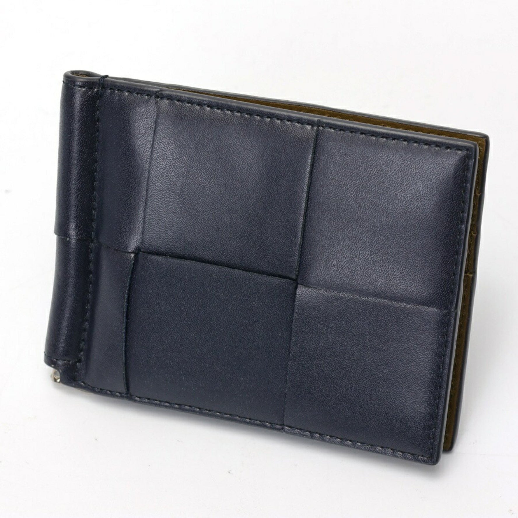 Bottega Veneta Cassette Bi-fold Wallet with Money Clip Intrecciato Calf Leather Navy Khaki