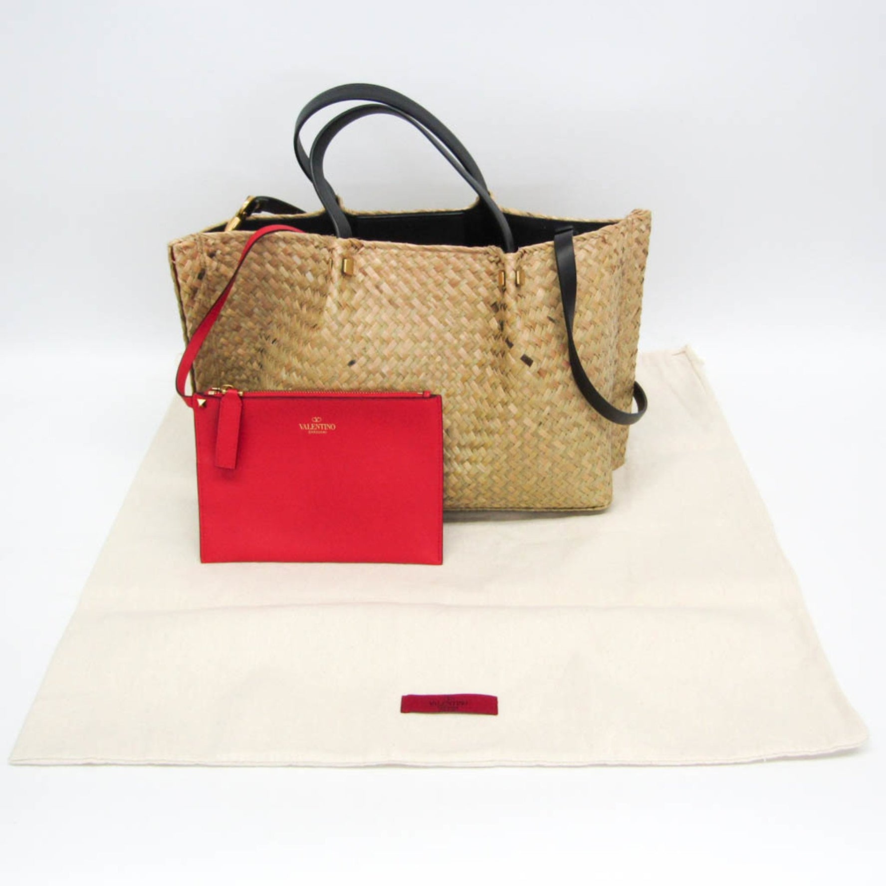 Valentino Garavani V Logo Straw,Leather Handbag Beige,Red Color