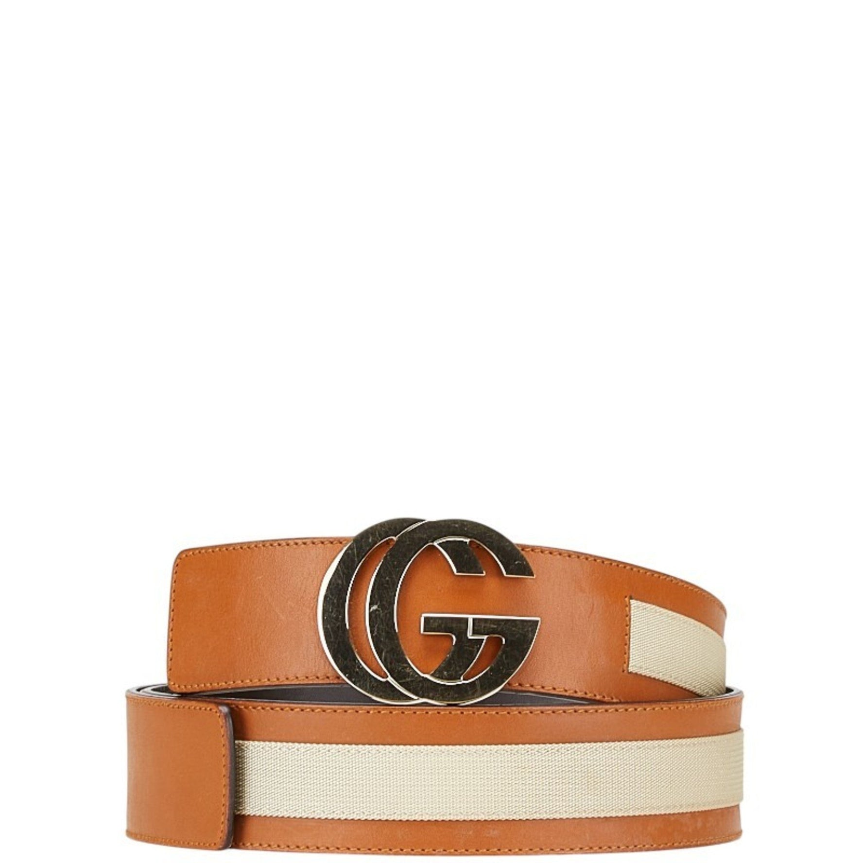 Gucci Double G Belt, Sizes: 80/32, 212956, Brown/Beige Leather/Nylon, Men's, GUCCI