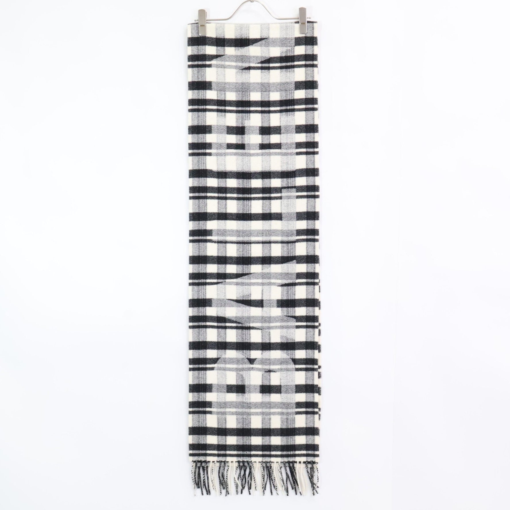 BALENCIAGA Check Wool Logo Print Fringe Scarf in White and Black