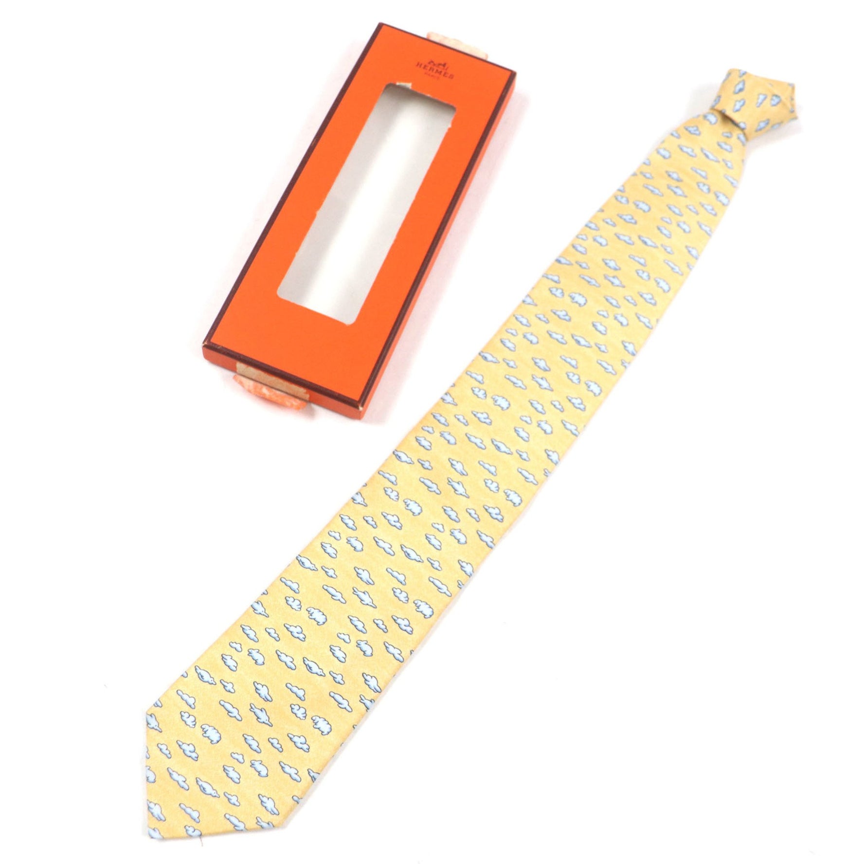 HERMES 100% Silk Necktie with Cloud and Animal Print, Orange Blue, Made in France, Business