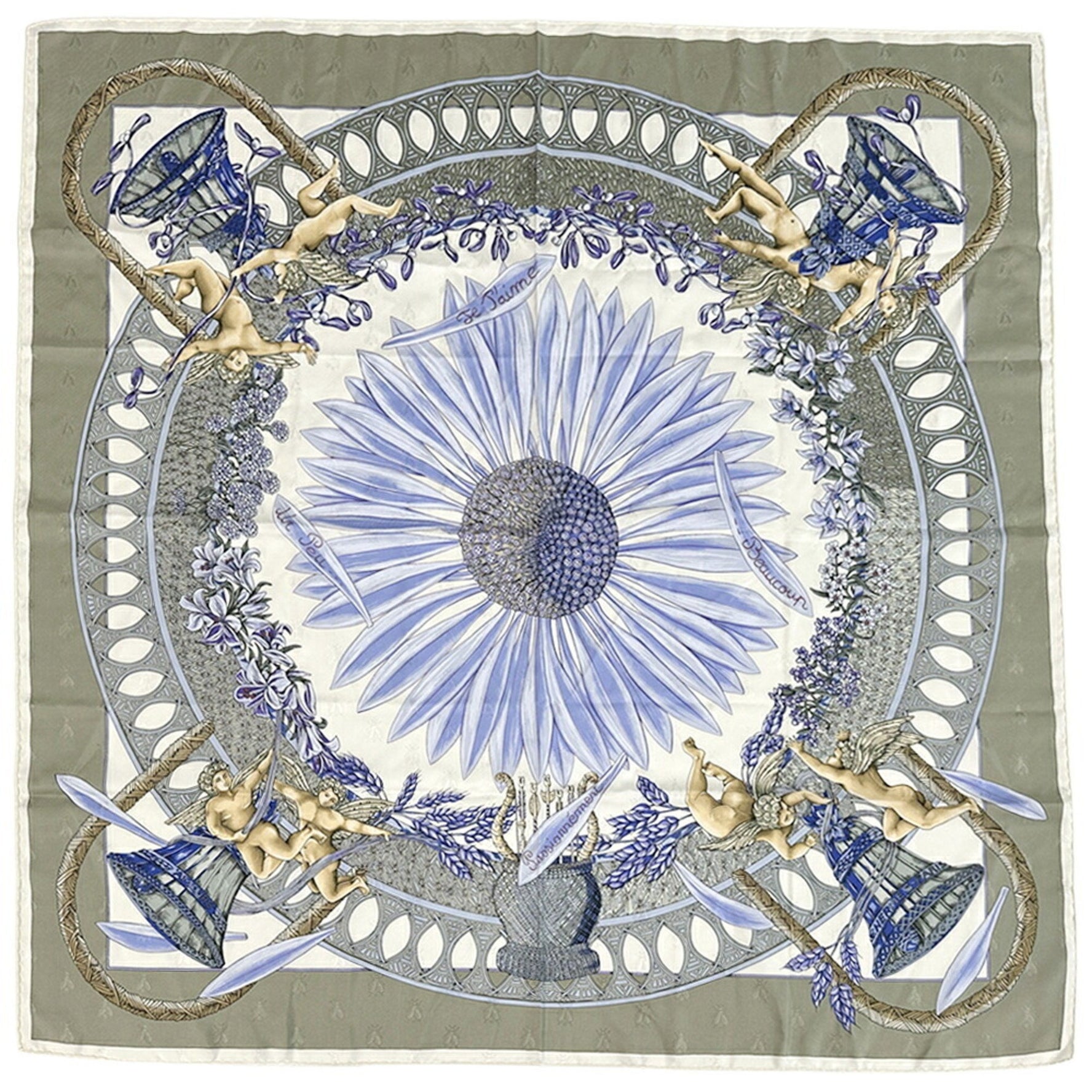 Hermes Carré 90 Scarf, AMOURS, Women's Silk, Blue, Gray, Multicolor, Angel