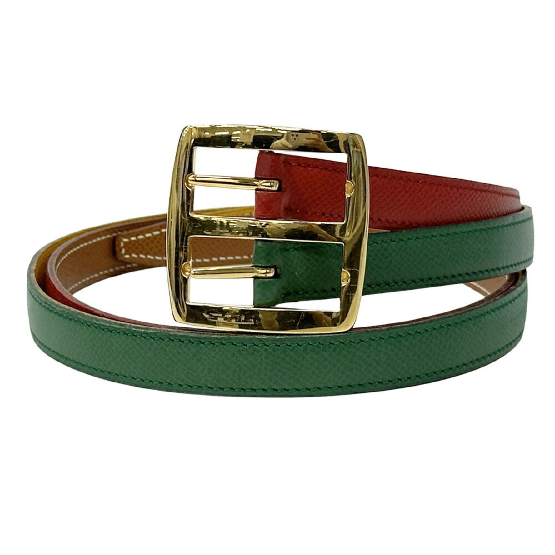 Hermes Hermès Women's Couchvel Belt, Multicolor, Brown, Green, Yellow, and Red, Reversible, Engraved with a Circle