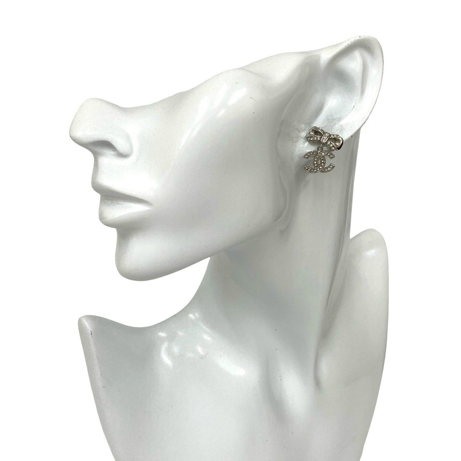 CHANEL Coco Mark Ribbon Motif Metal Rhinestone Earrings in