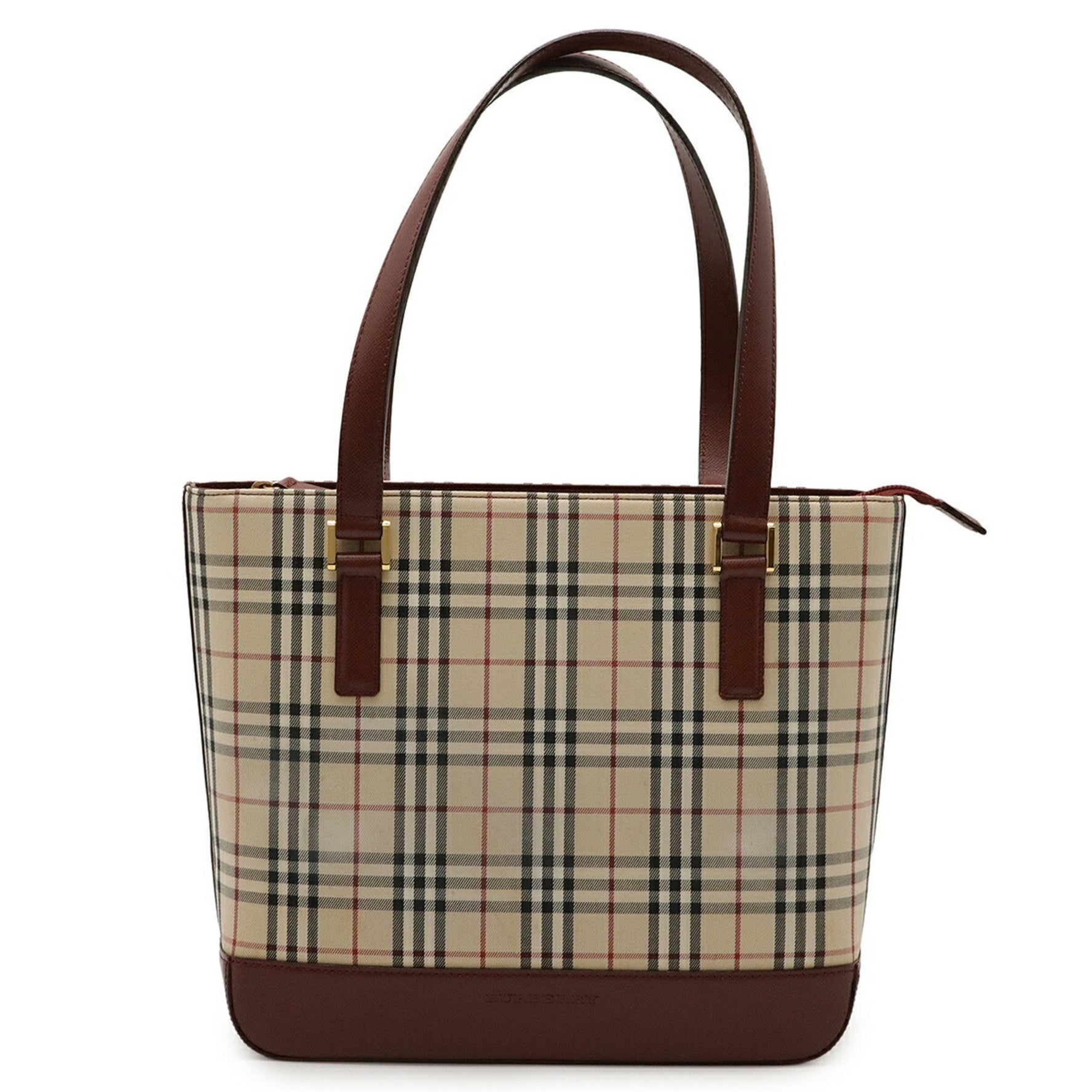 BURBERRY Nova Check Pattern Handbag Tote Bag Canvas Leather Beige Black Bordeaux