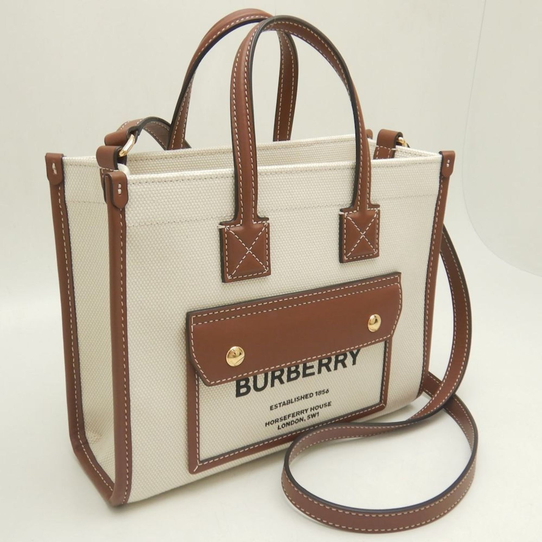 BURBERRY Freya Tote bag Canvas x leather Natural Tan