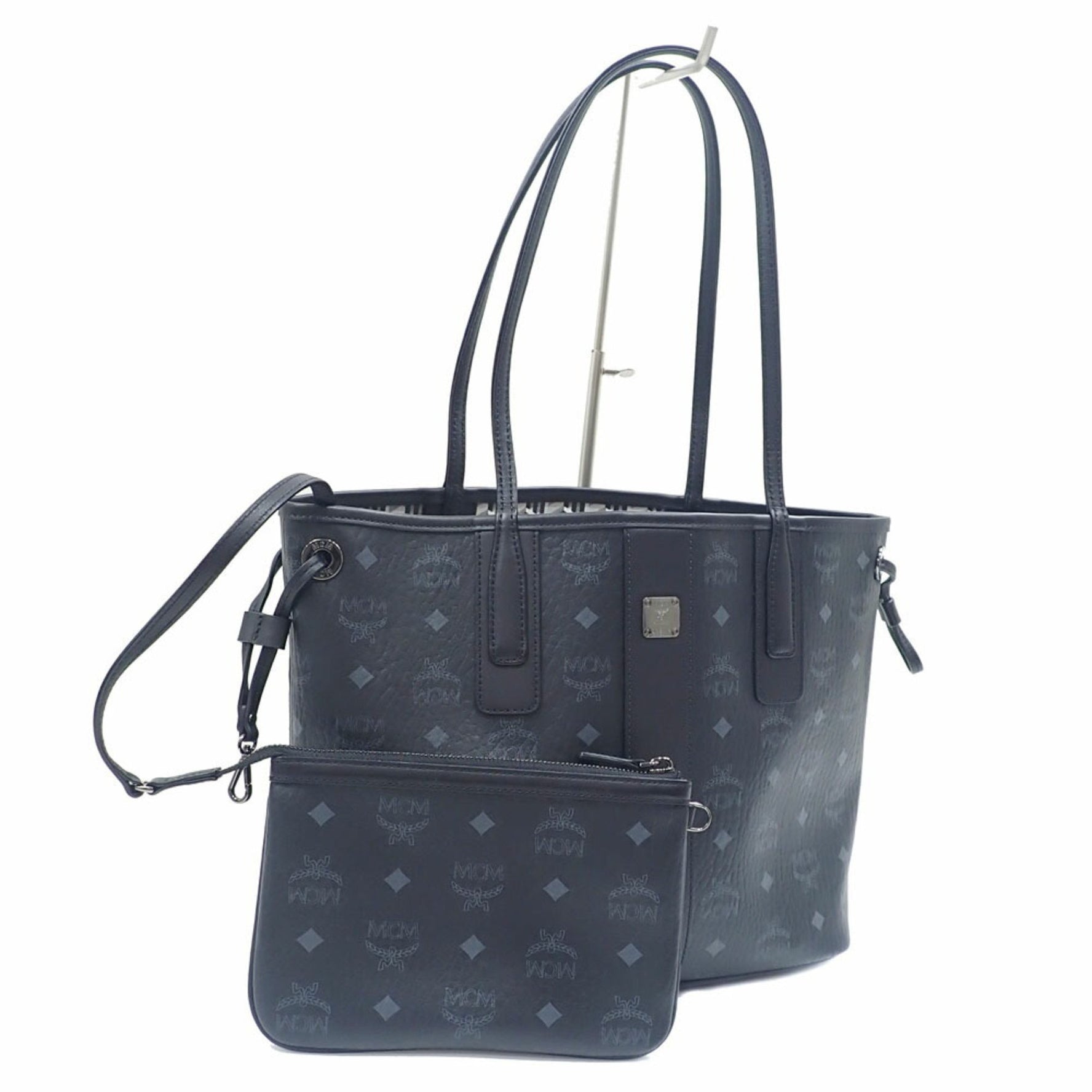 MCM Black and White Leather Visetos Reversible Tote Bag