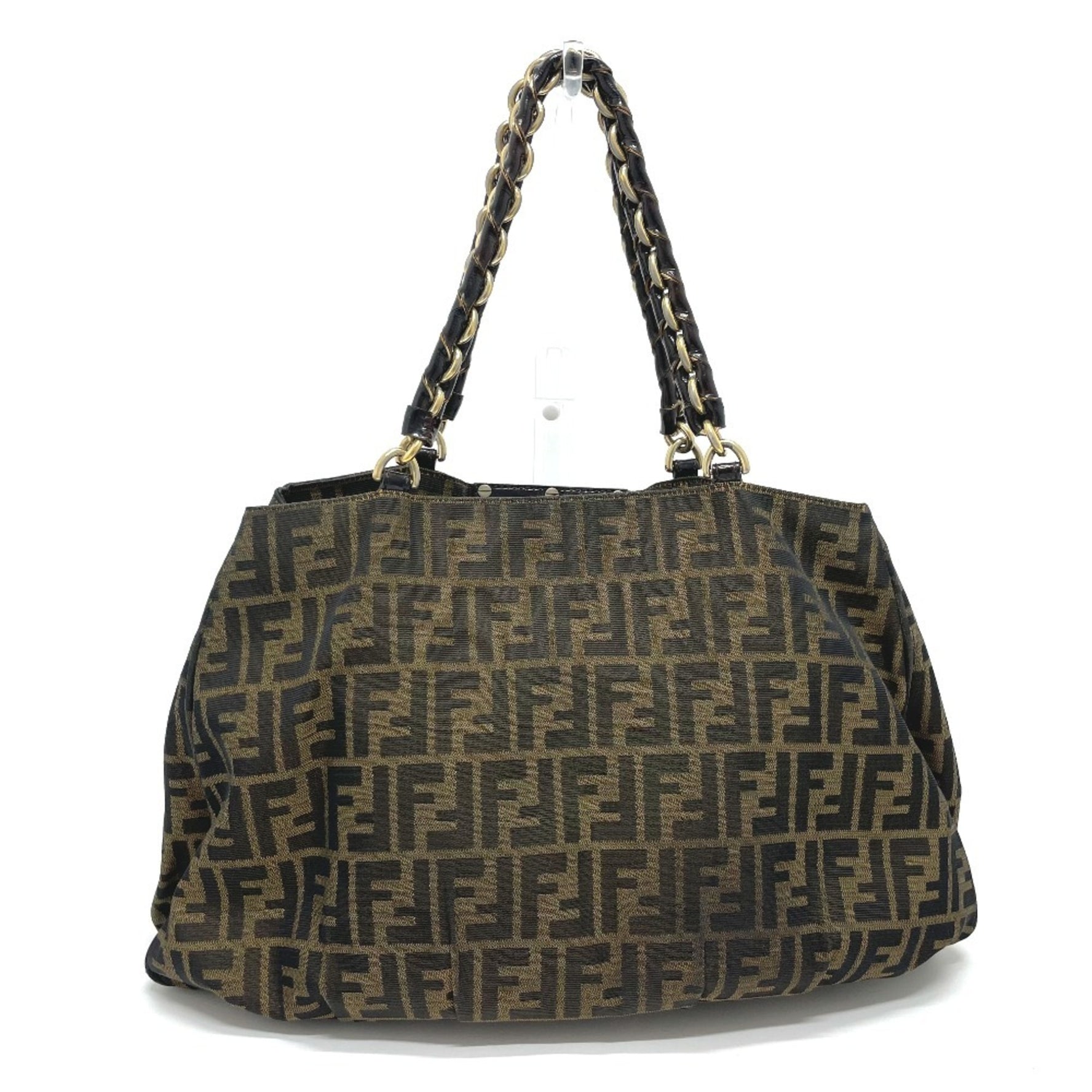 FENDI Zucca Mia Chain Tote Bag in Canvas/Leather, Brown and Black