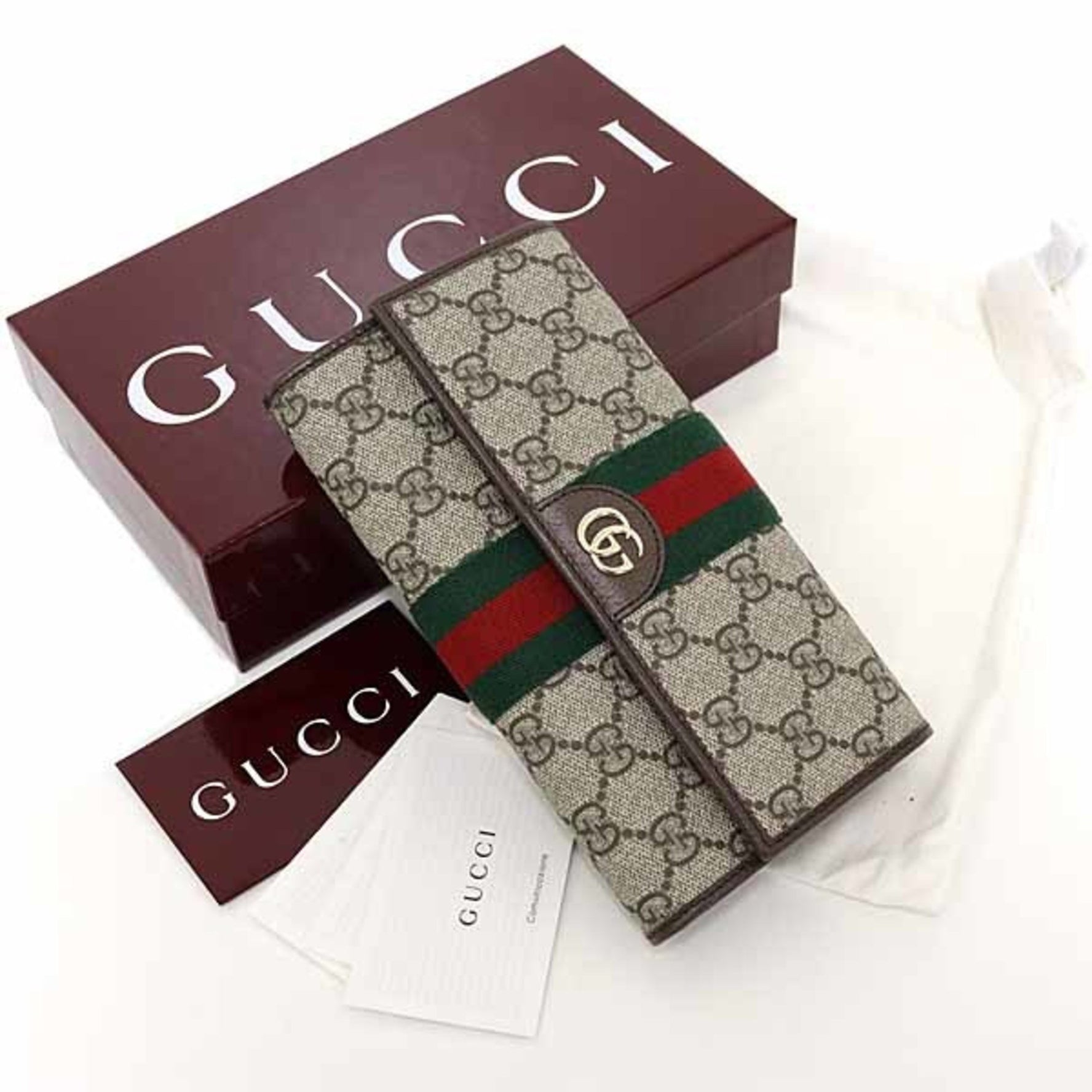 Gucci Ophidia Continental Wallet with Double G in Beige and Dark Brown, Soft GG Supreme, Unused