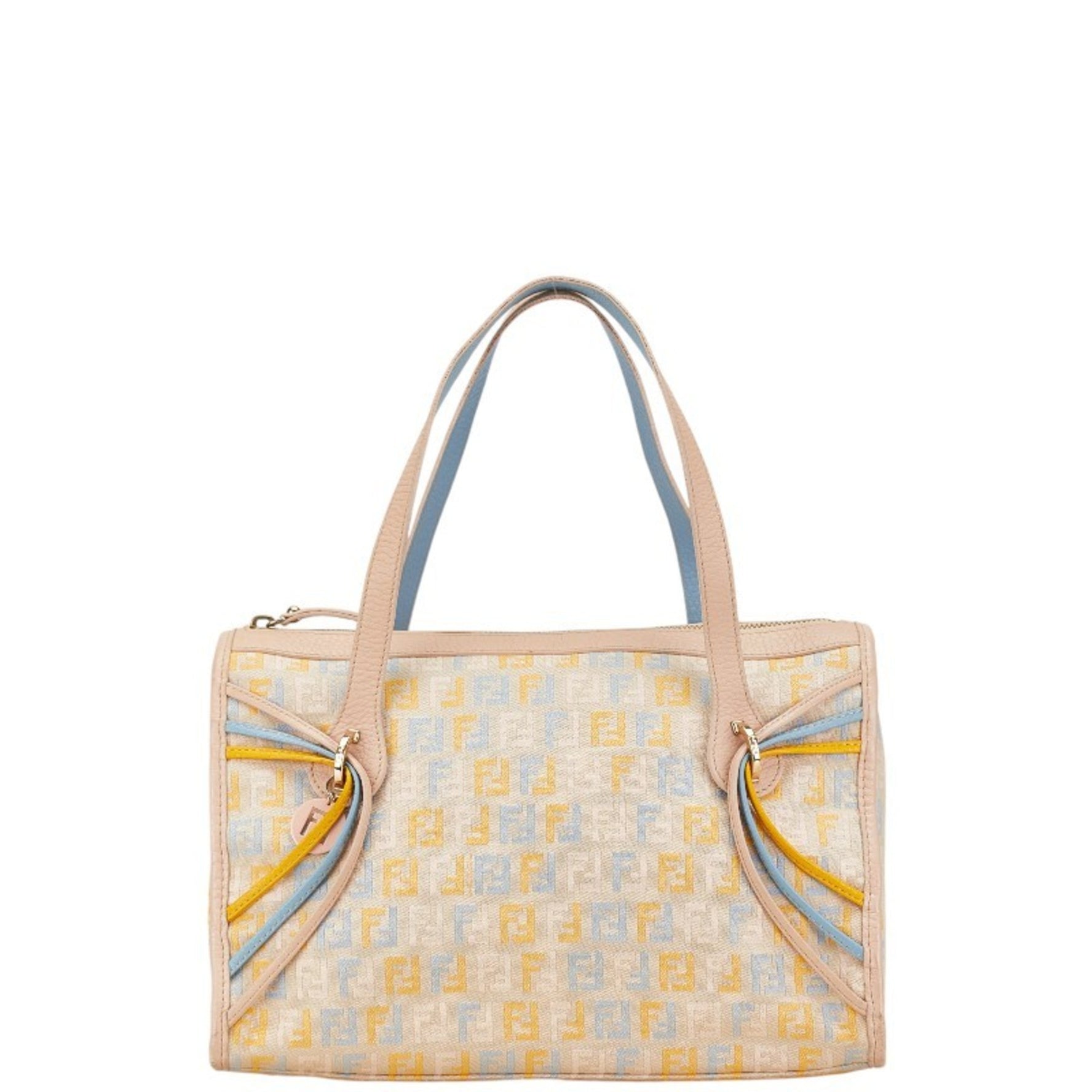 Fendi Zucchino Handbag Tote Bag Beige Yellow Blue Canvas Leather