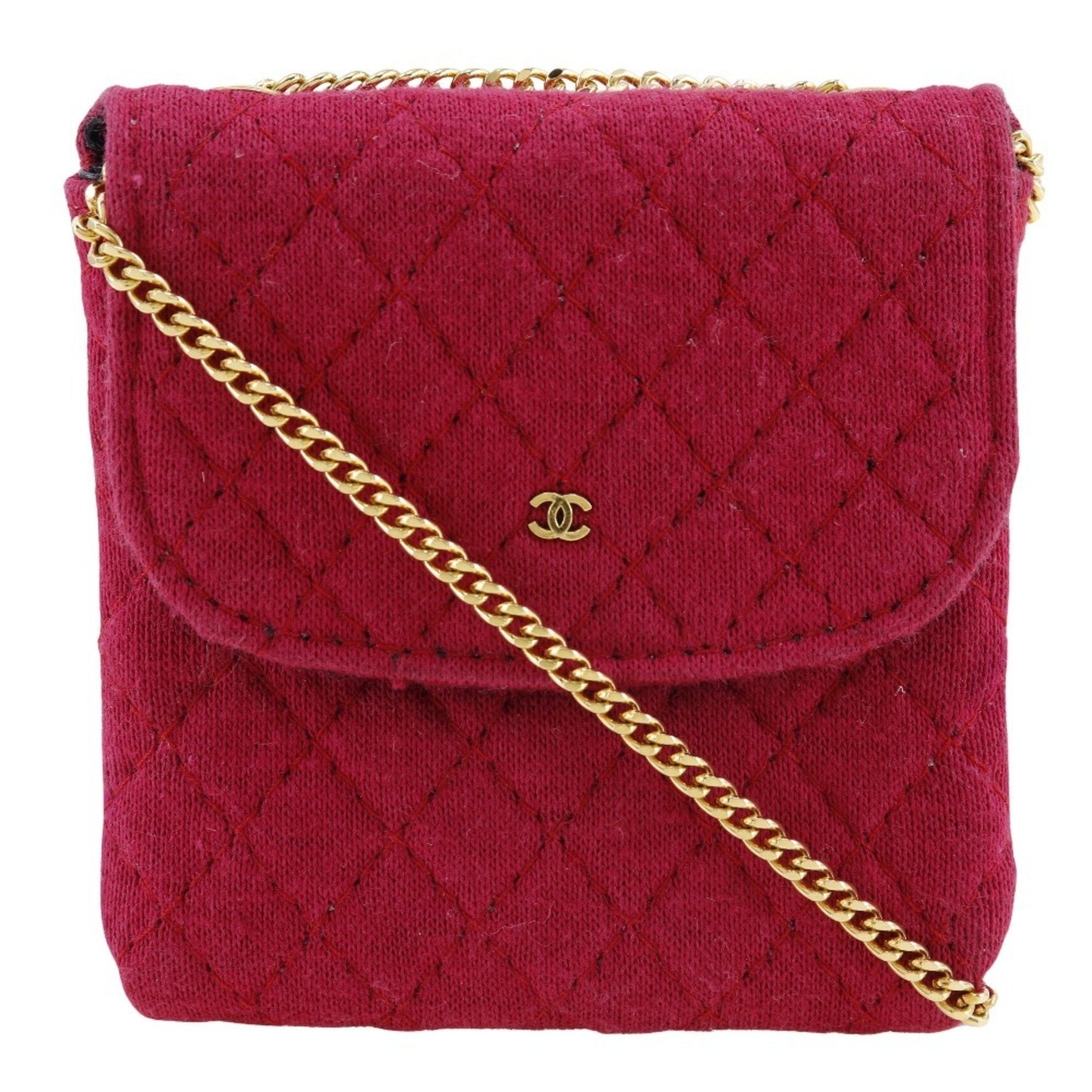 CHANEL Chain Pouch Shoulder Bag Micro Cotton Pink Snap Button Women's