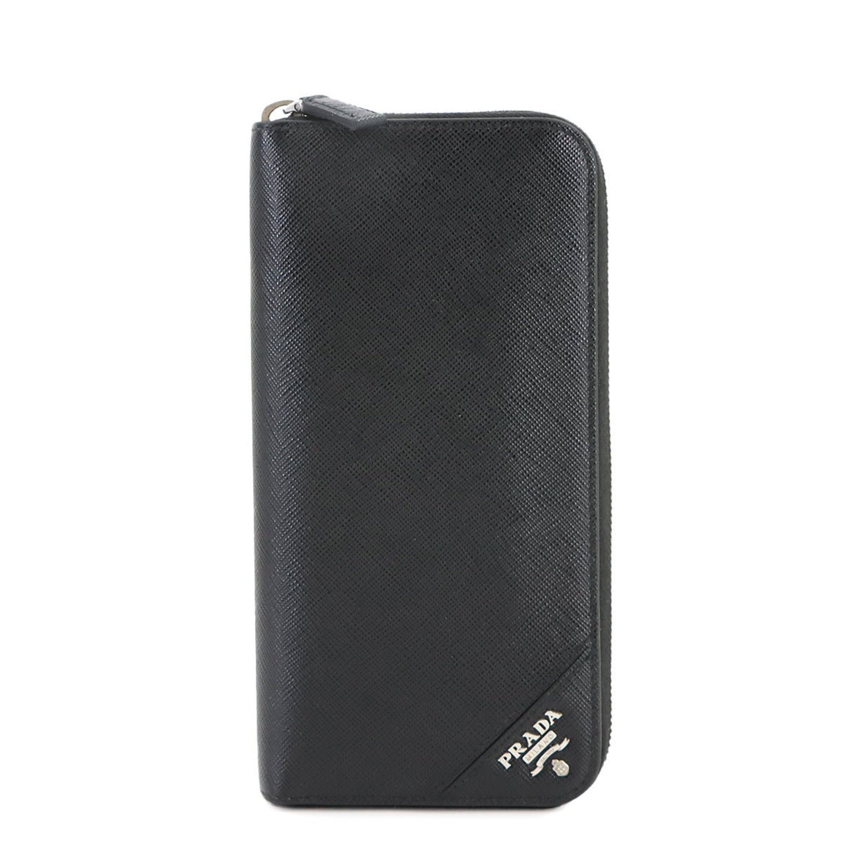 Prada Saffiano Round Long Wallet in Nero Leather with Silver Hardware, 2ML317
