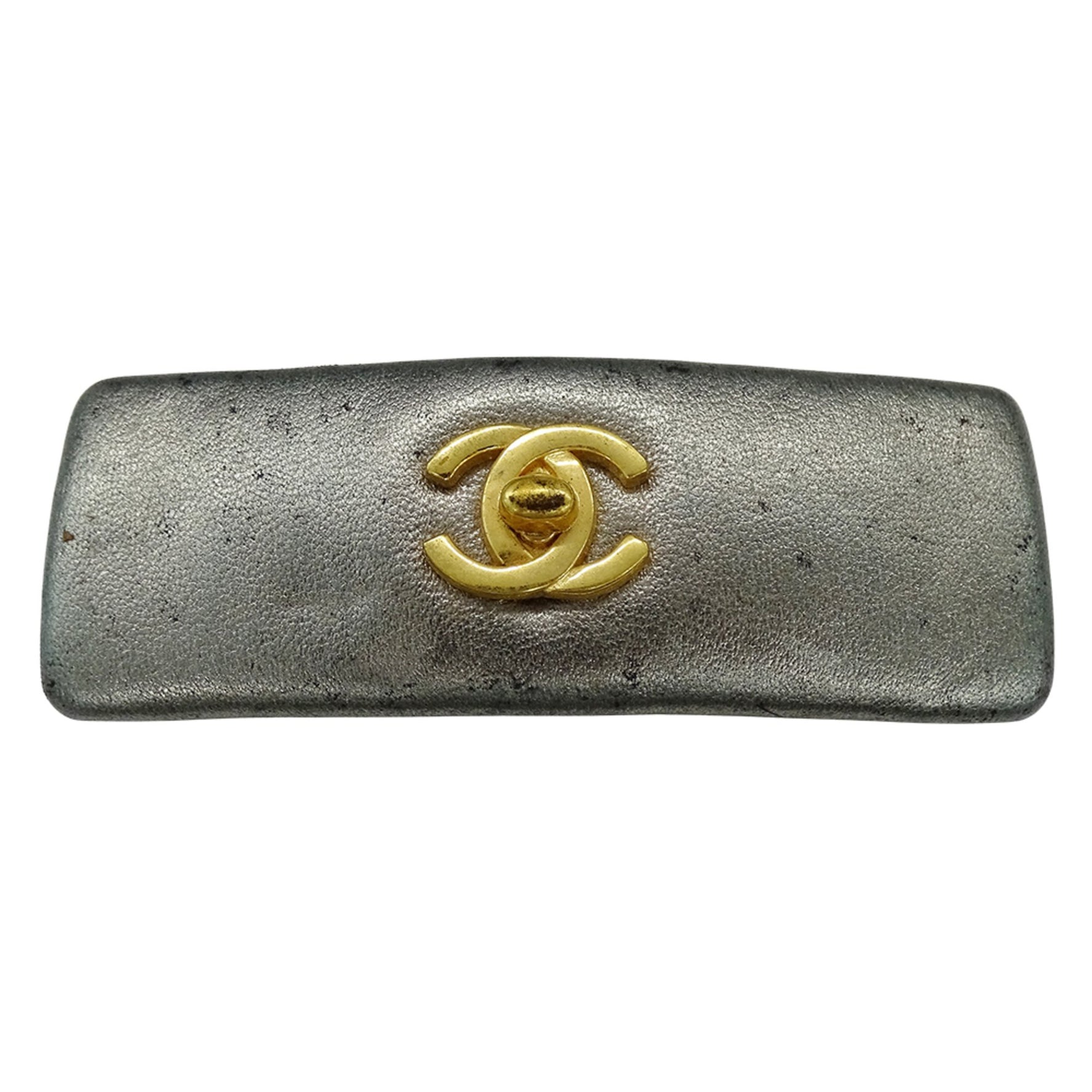 CHANEL Barrette, Leather Hair Clip with Turn Lock and Coco Mark, Metallic Gold Hardware