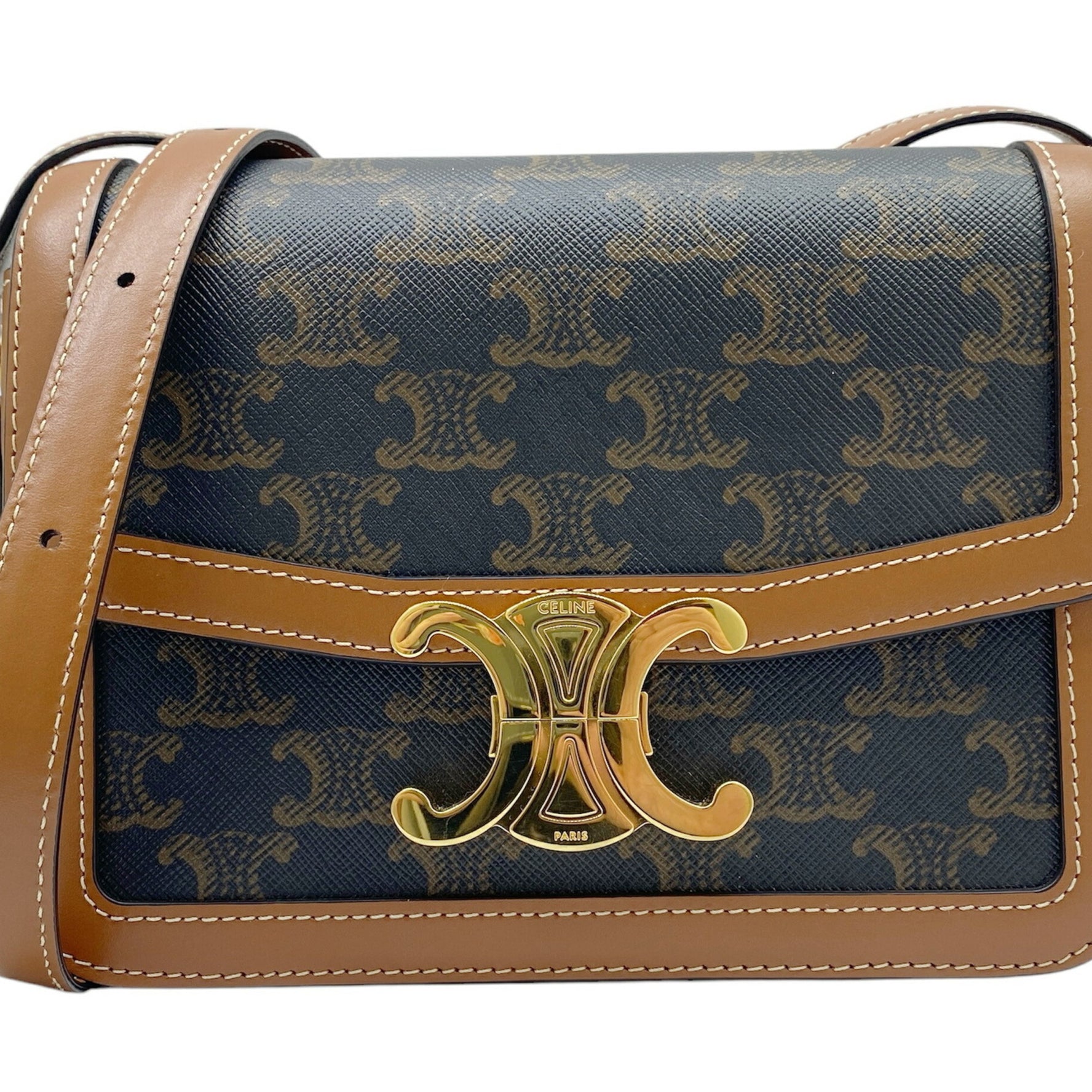 CELINE Teen Triomphe Shoulder Bag Canvas Calf Leather Tan Crossbody