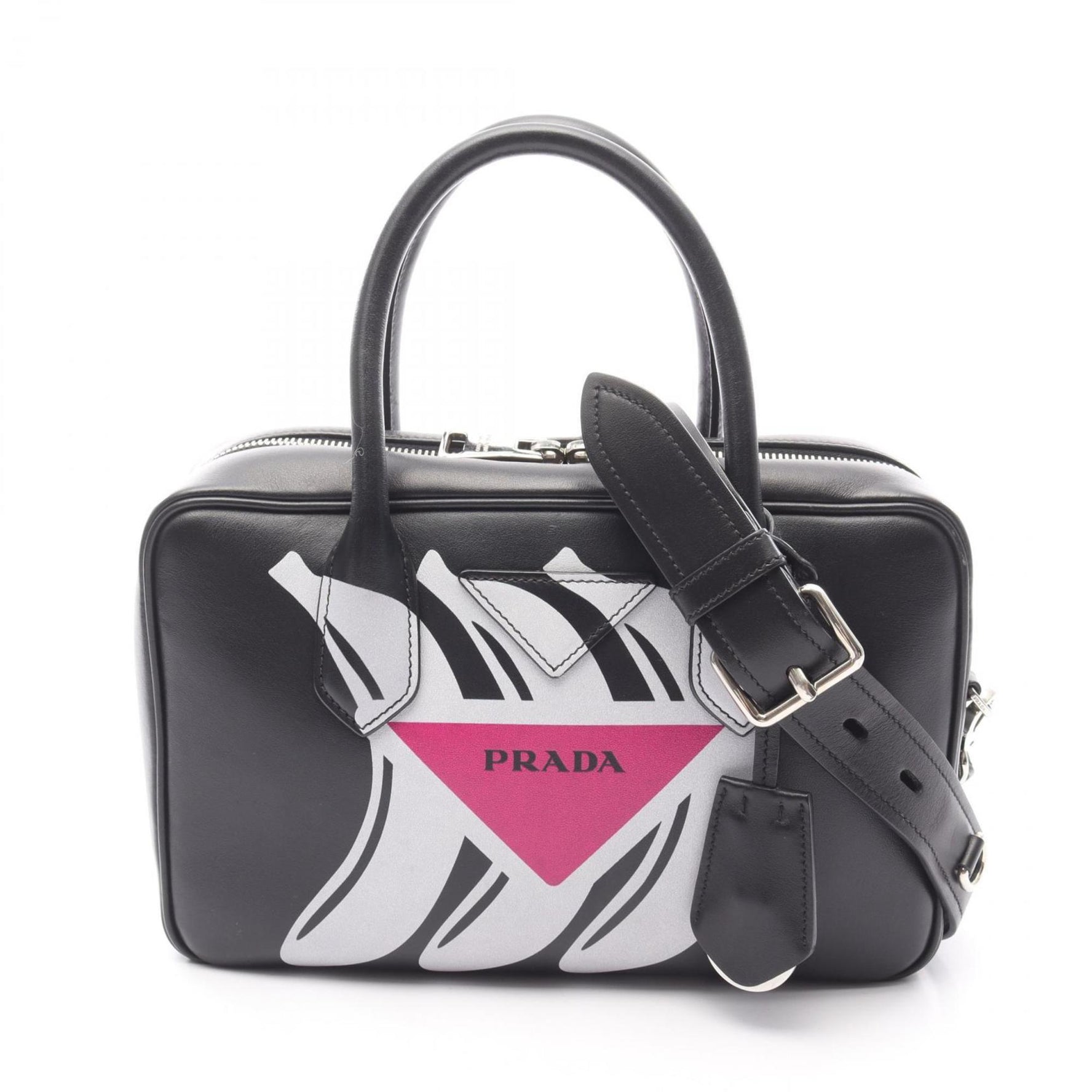 Prada Banana Print Leather Handbag Black/White/Pink