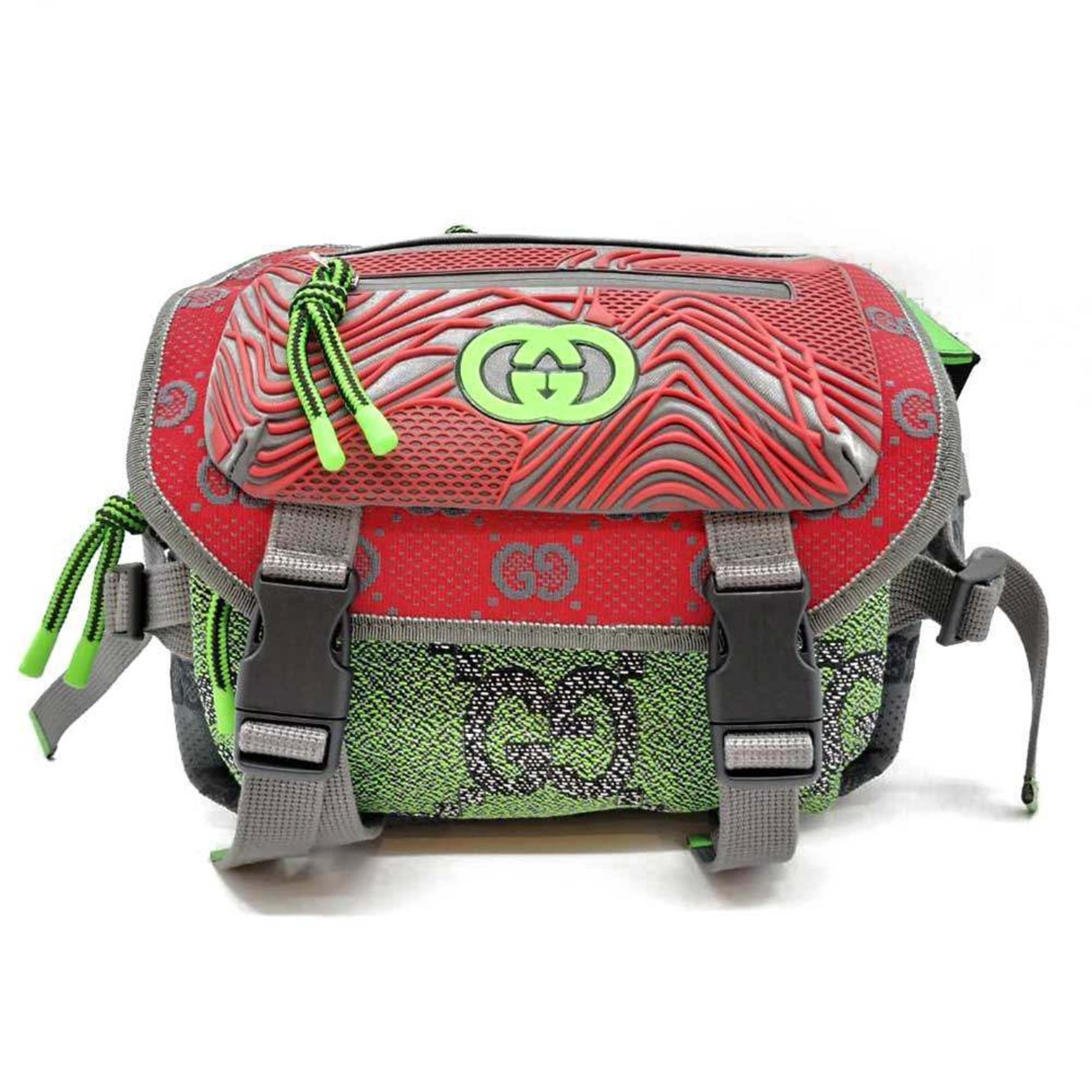 Gucci Small Backpack in Gray, Red, and Green, GG Nylon Rubber, Backpack/Waist Bag