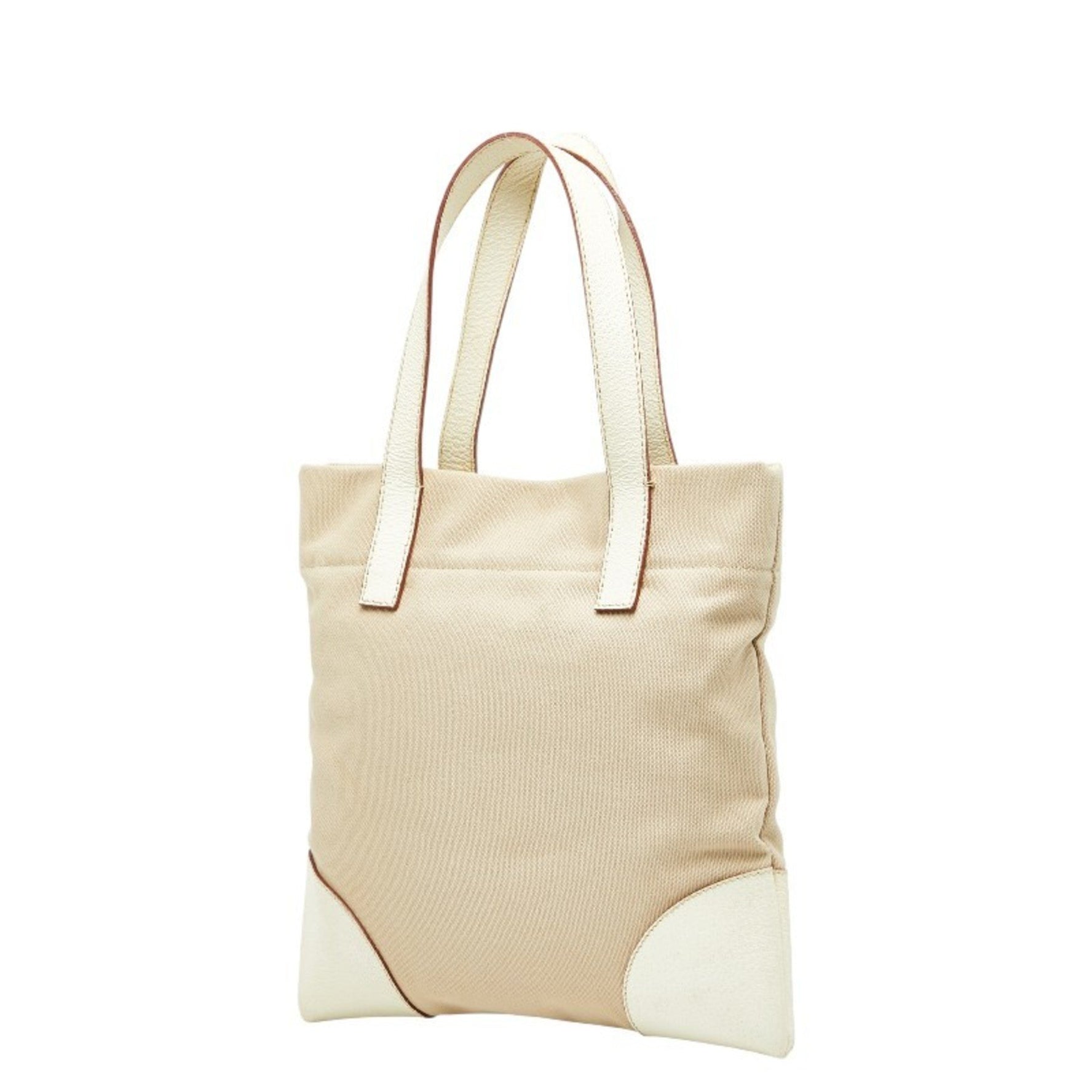 Prada Triangle Logo Plate Tote Bag Handbag Beige Ivory Canvas Leather