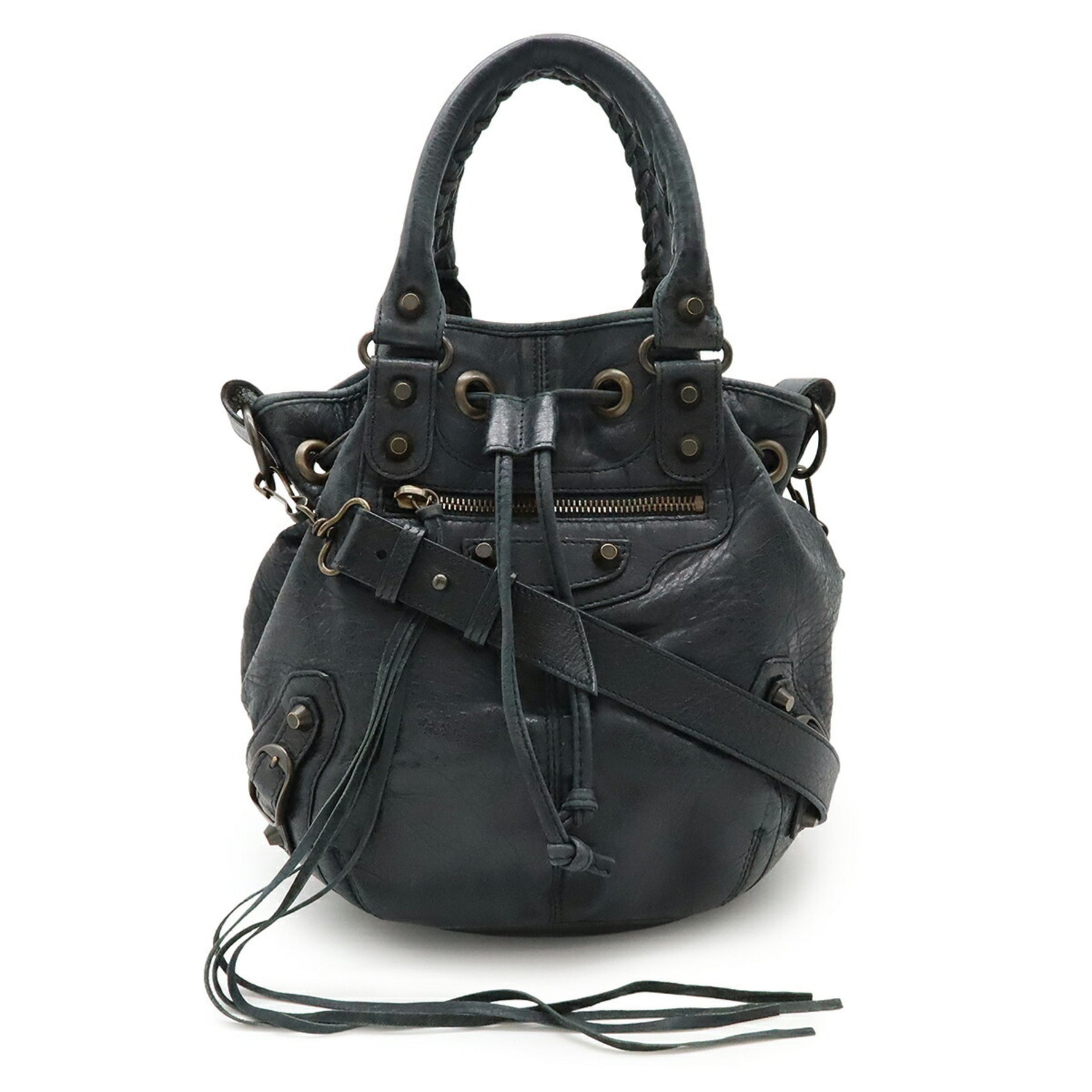 BALENCIAGA Classic Mini Pom Handbag/Shoulder Bag, Dark Grey Leather, Mirror Missing,