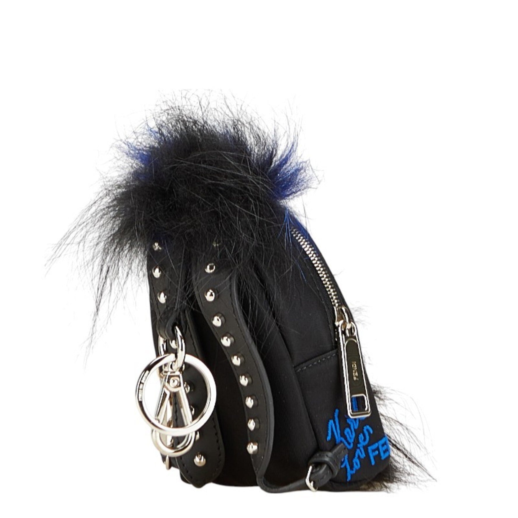 FENDI Carlito Backpack with Motif Keychain and Accessory Case, Black Blue Nylon Leather