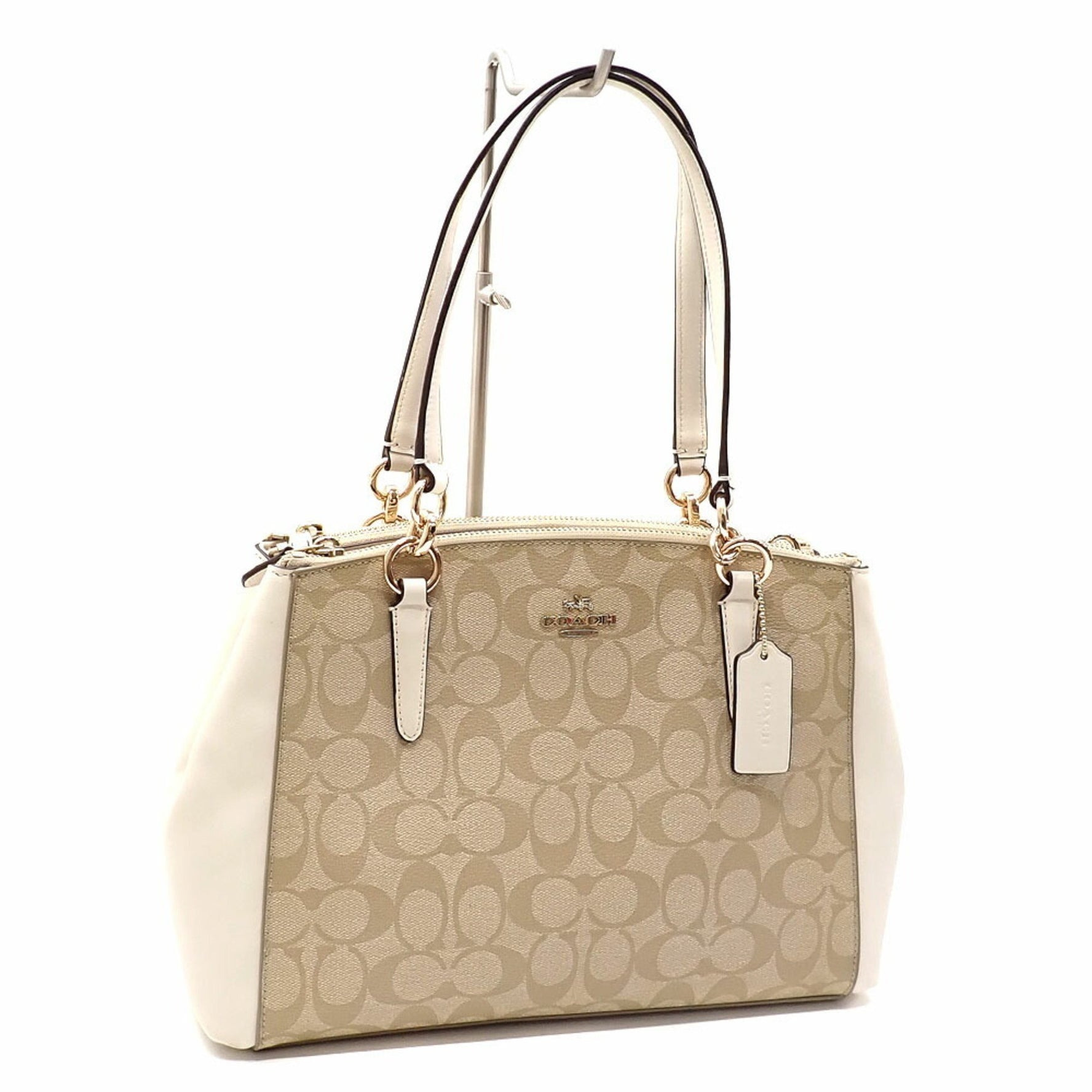 Coach Small Christy Carriole Tote Bag, Signature, Beige, White, PVC, and Leather