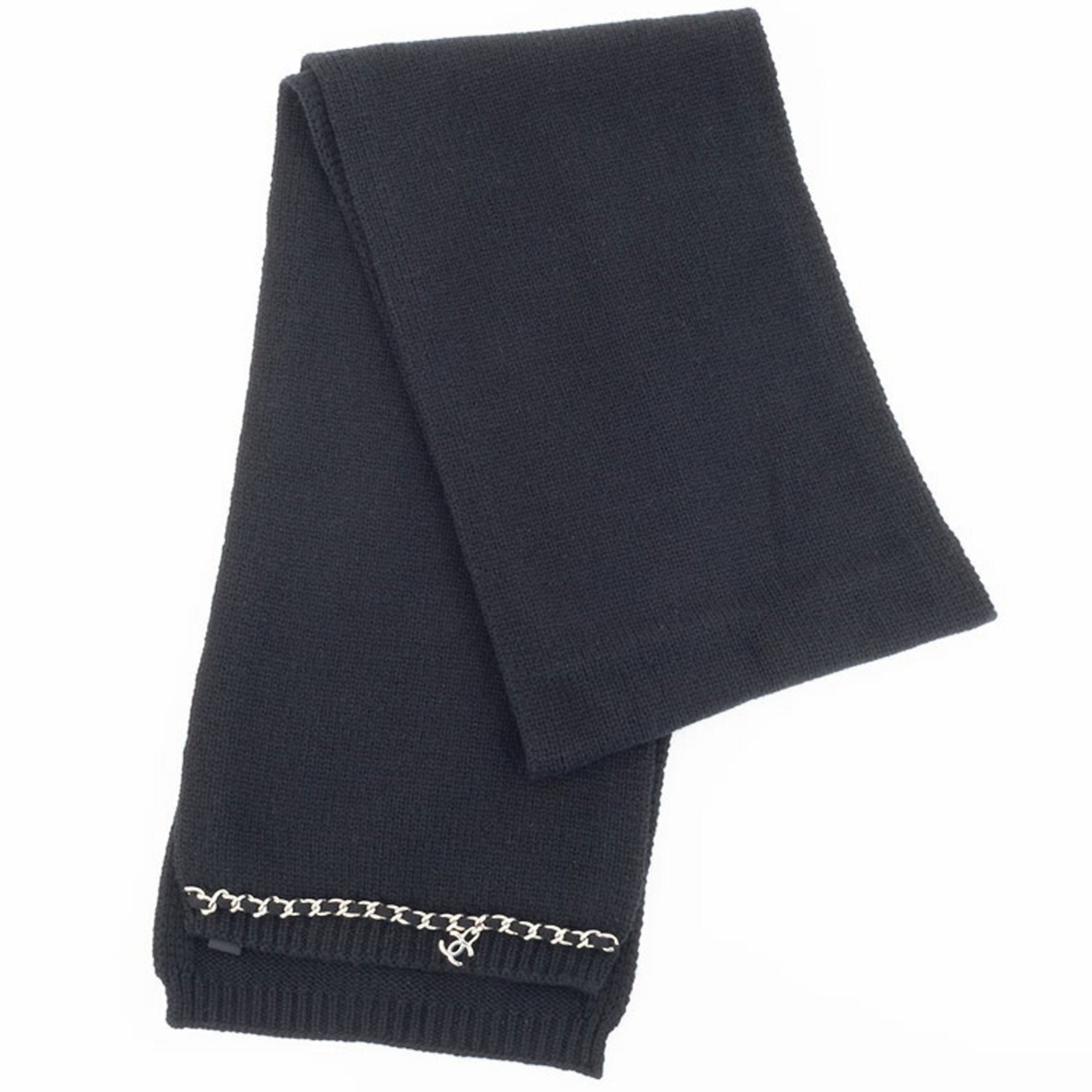 Chanel Cashmere Scarf 100% Leather Chain Coco Rectangle