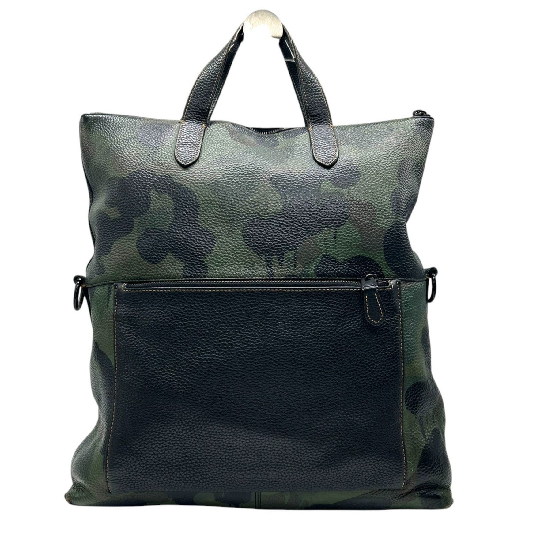 Coach Charles Foldover Tote Bag Shoulder Camouflage Leather Black Green Laptop Storage