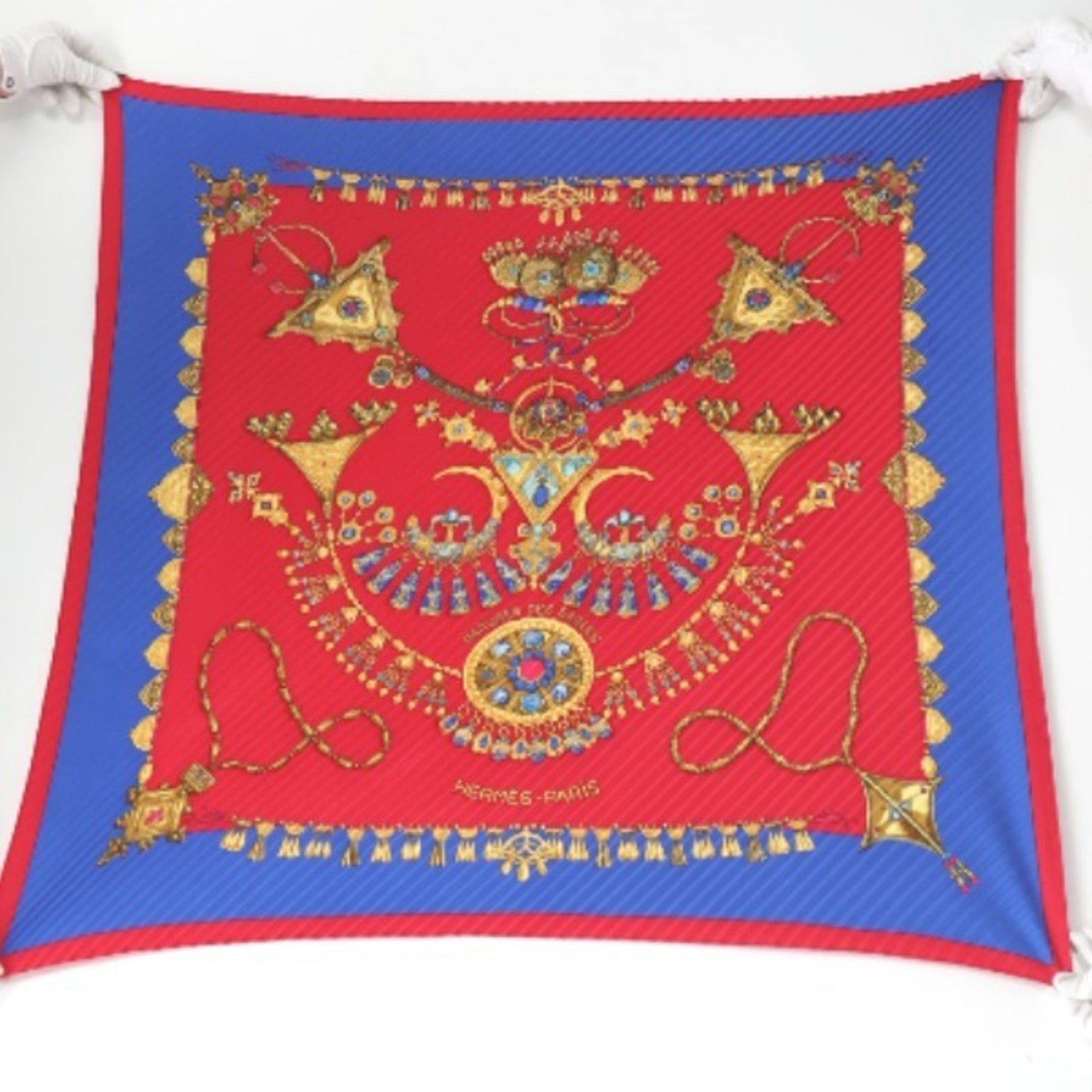 HERMES Pleated Scarf Carre Jewelry Pattern Blue x Red