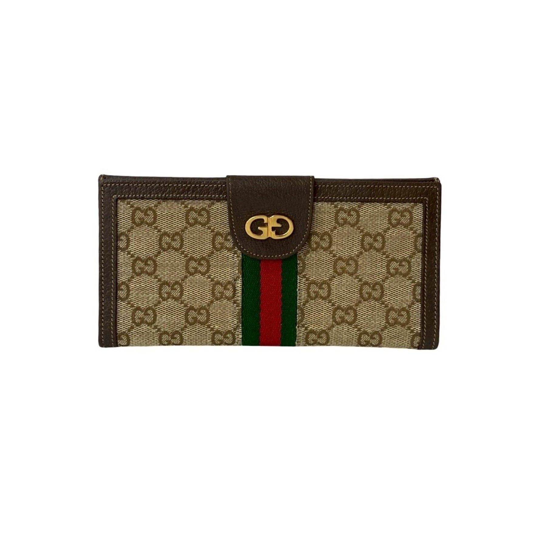 GUCCI Old Gucci Sherry Line GG Logo Metal Hardware Leather Canvas Long Wallet Brown 186-4