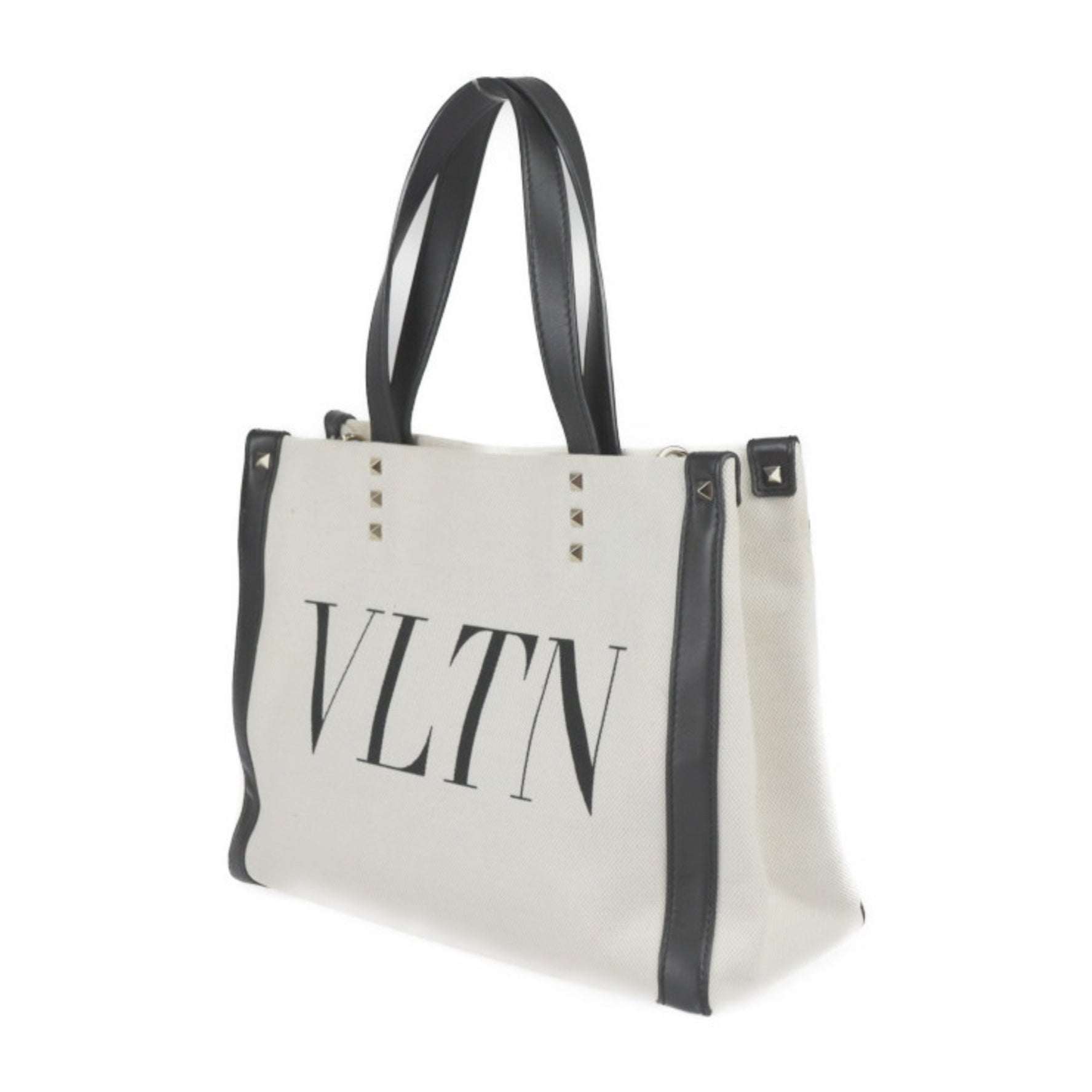 Valentino Garavani VLTN Mini Tote Bag FWB Canvas Leather Natural Black Small Handbag Studs Print