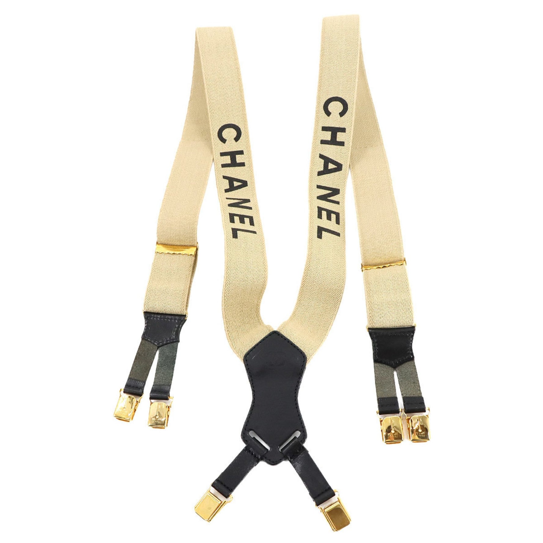 CHANEL Suspenders Canvas Leather Beige Black Gold Metal Fittings Suspender